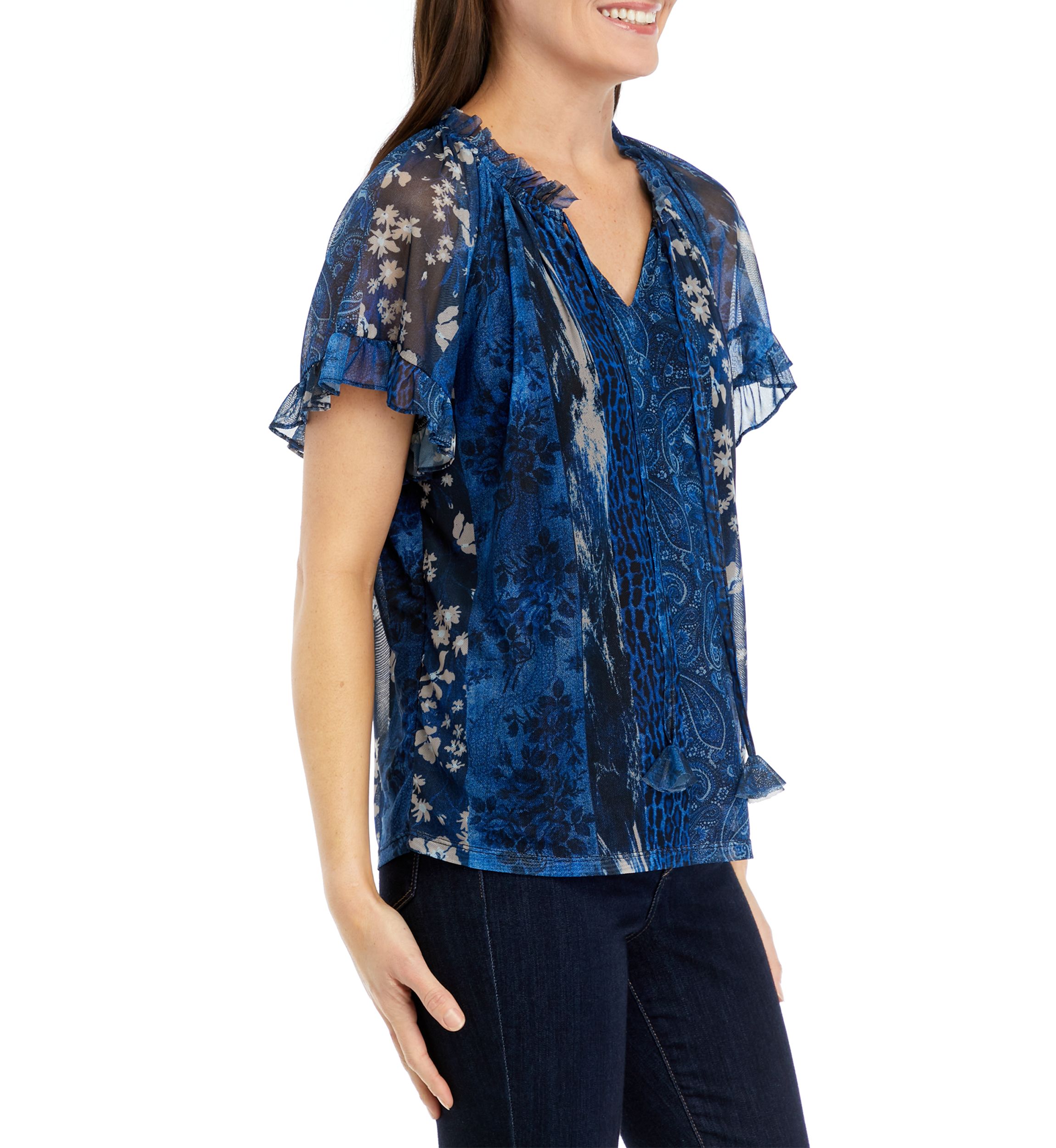 Womens Flutter Sleeve Tie Neck Top