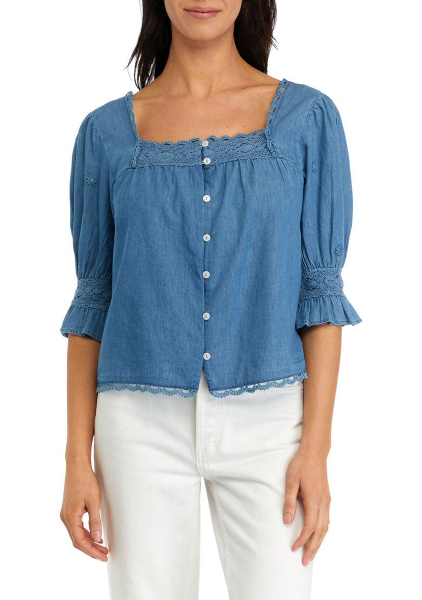 Womens 3/4 Sleeve Chambray Square Neck Top