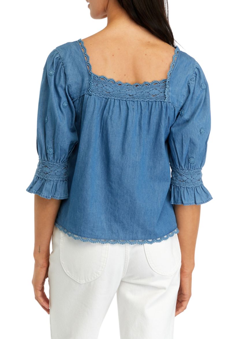 Womens 3/4 Sleeve Chambray Square Neck Top