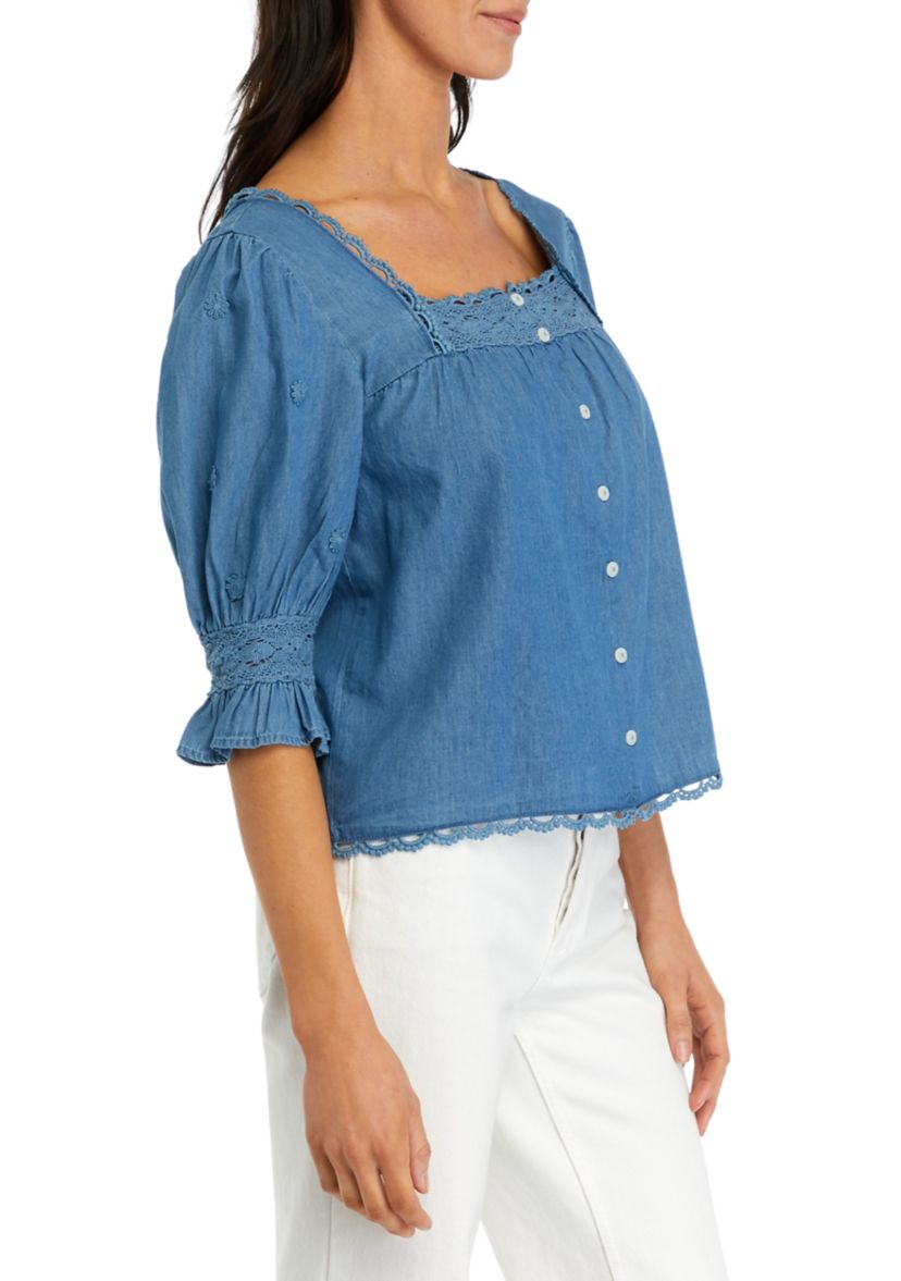 Womens 3/4 Sleeve Chambray Square Neck Top