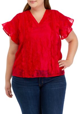 Cupio Women's Plus Size Ruffle Sleeve Scalloped Top, 3X