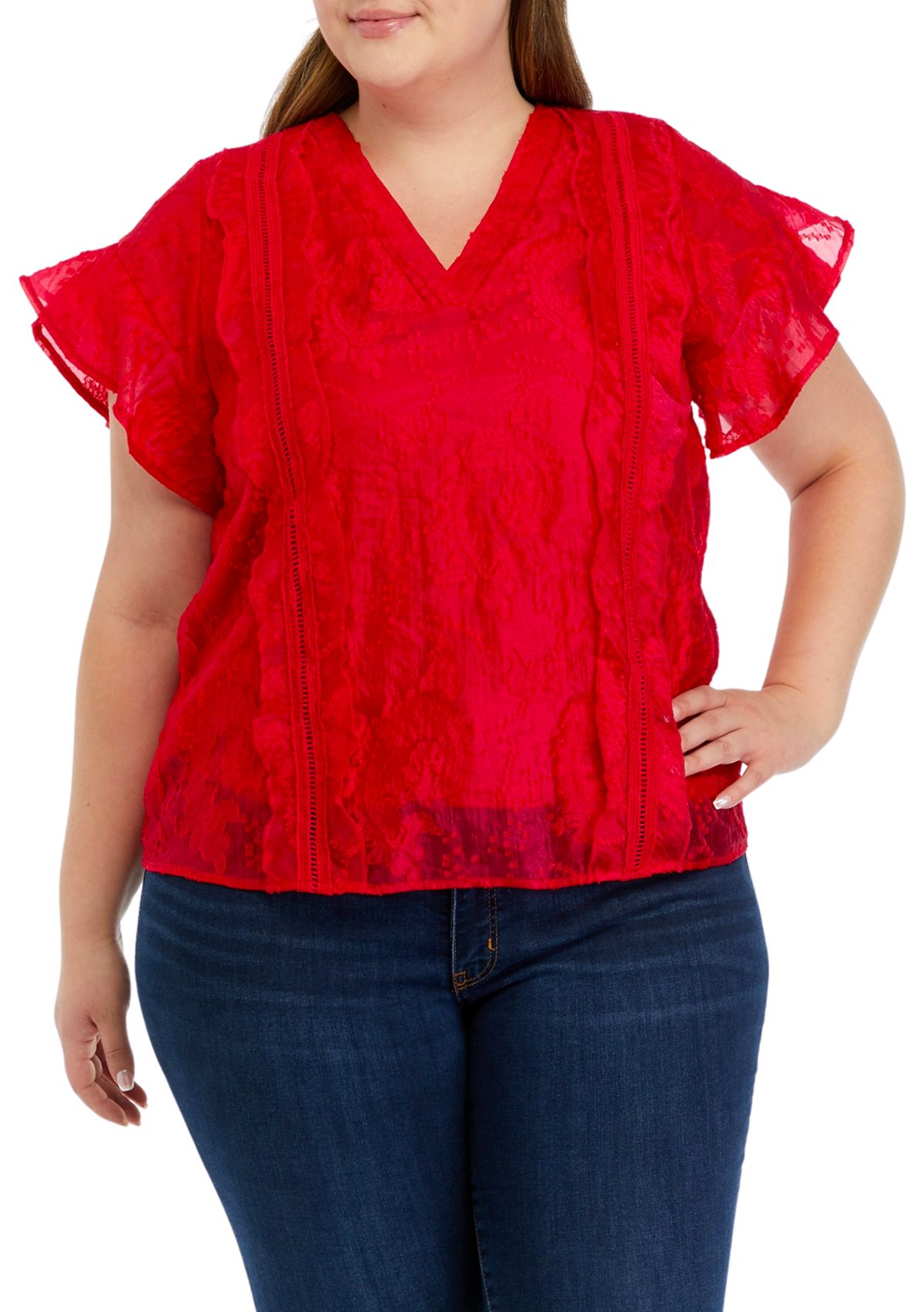 Plus Size Ruffle Sleeve Scalloped Top 