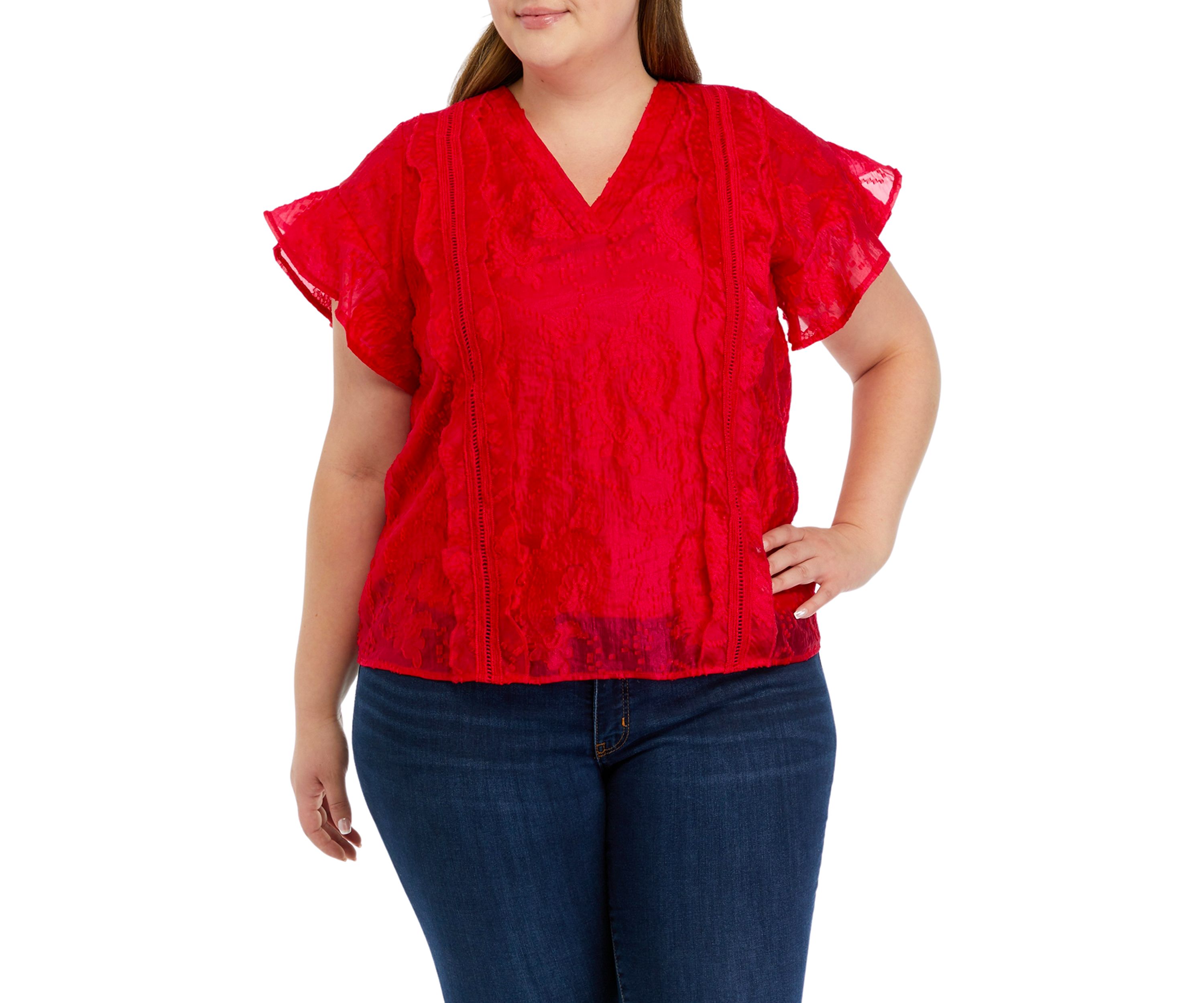 Plus Size Ruffle Sleeve Scalloped Top 