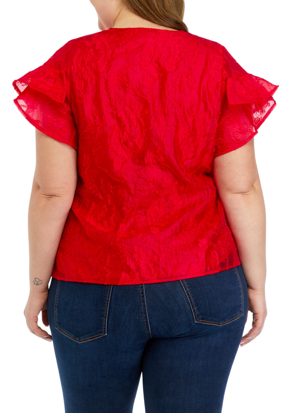 Plus Size Ruffle Sleeve Scalloped Top 