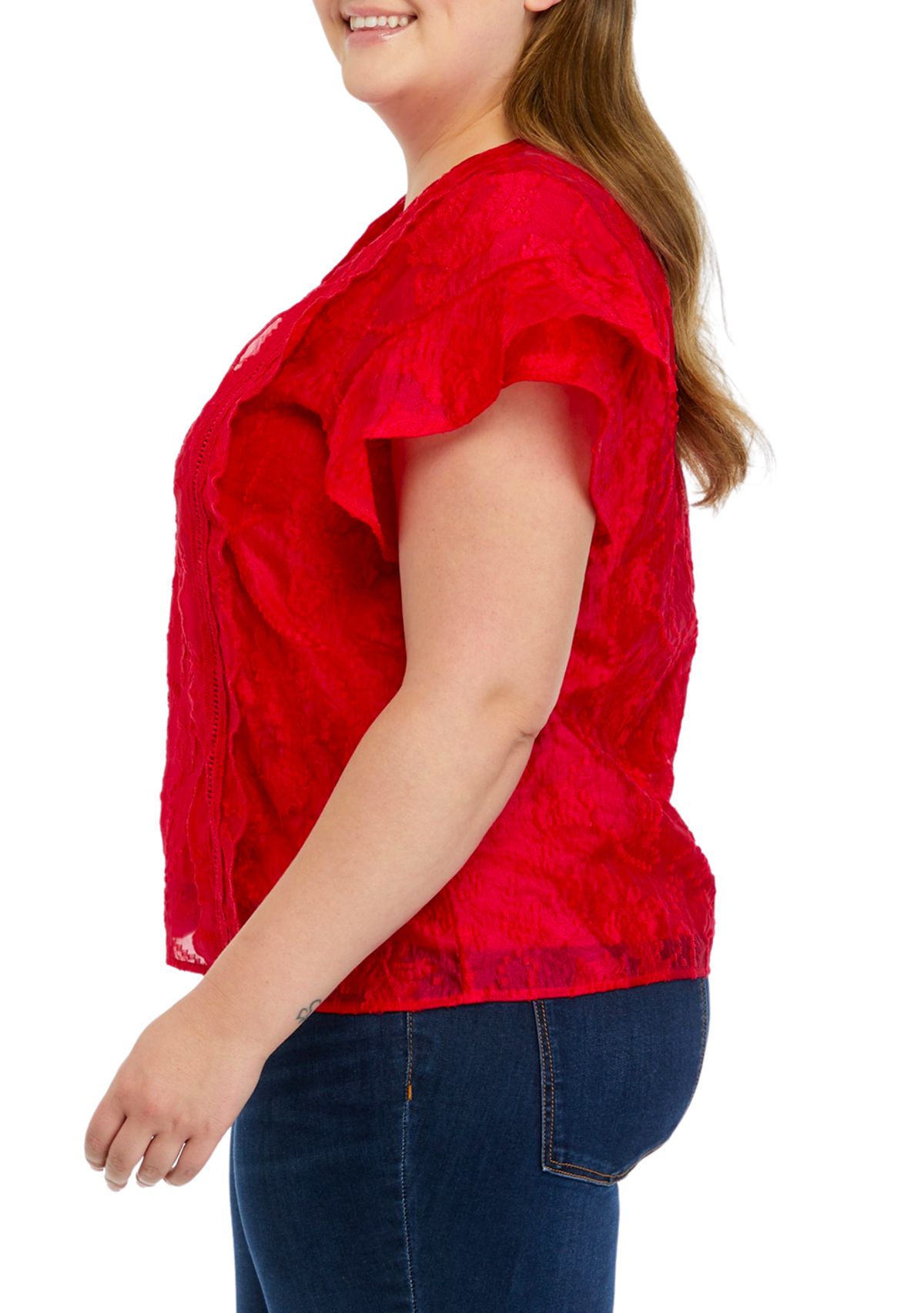 Plus Size Ruffle Sleeve Scalloped Top 