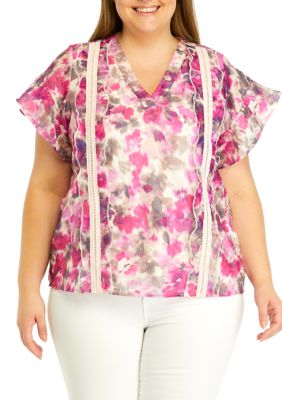 Cupio Women's Plus Size Ruffle Sleeve Scallop Top, 1X