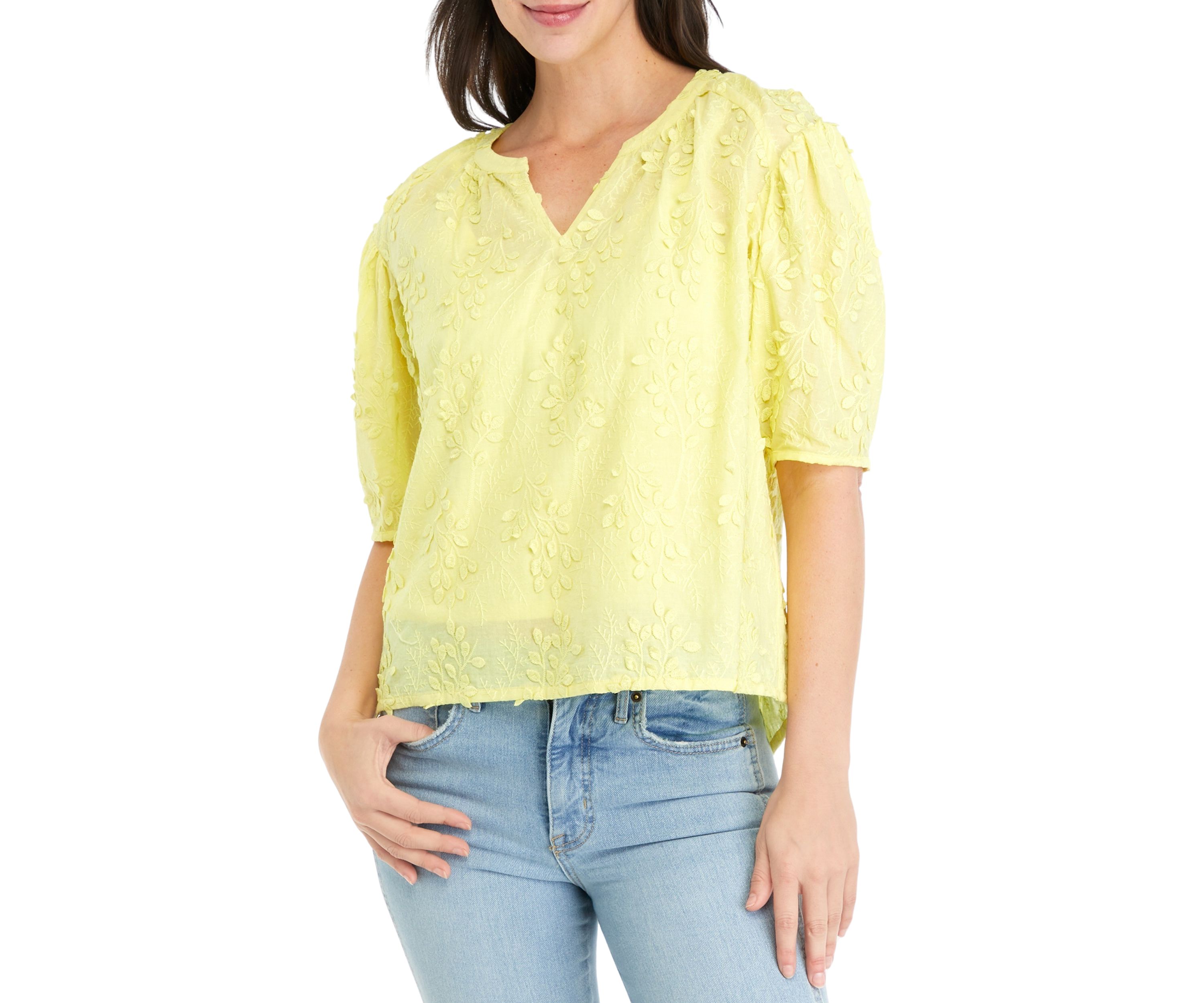 Womens Puff Sleeve Split Neck Top