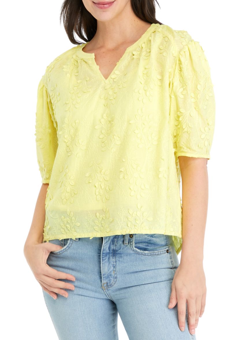 Womens Puff Sleeve Split Neck Top