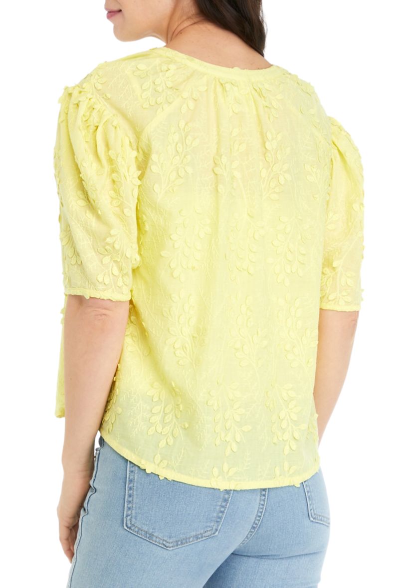 Womens Puff Sleeve Split Neck Top