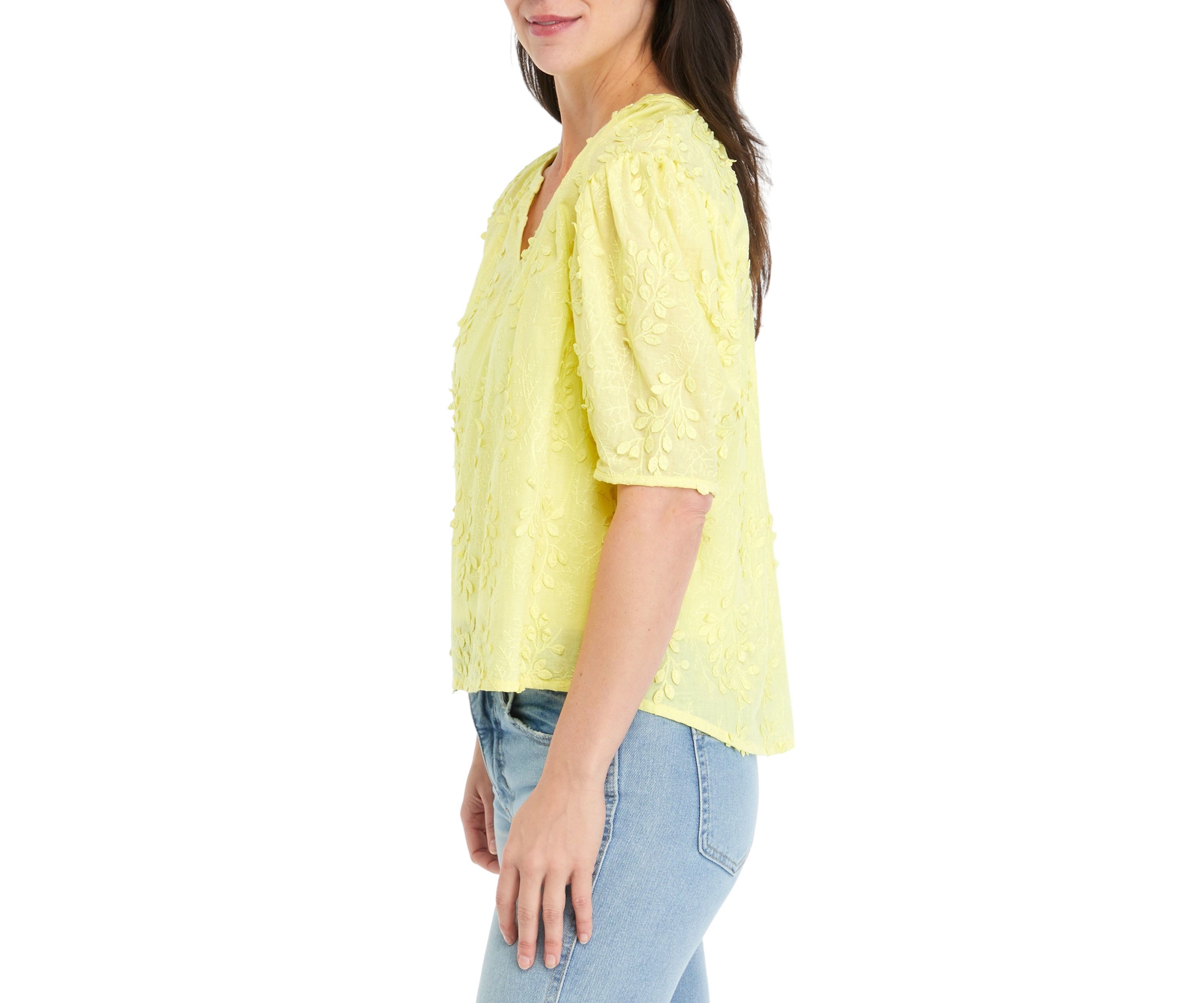 Womens Puff Sleeve Split Neck Top