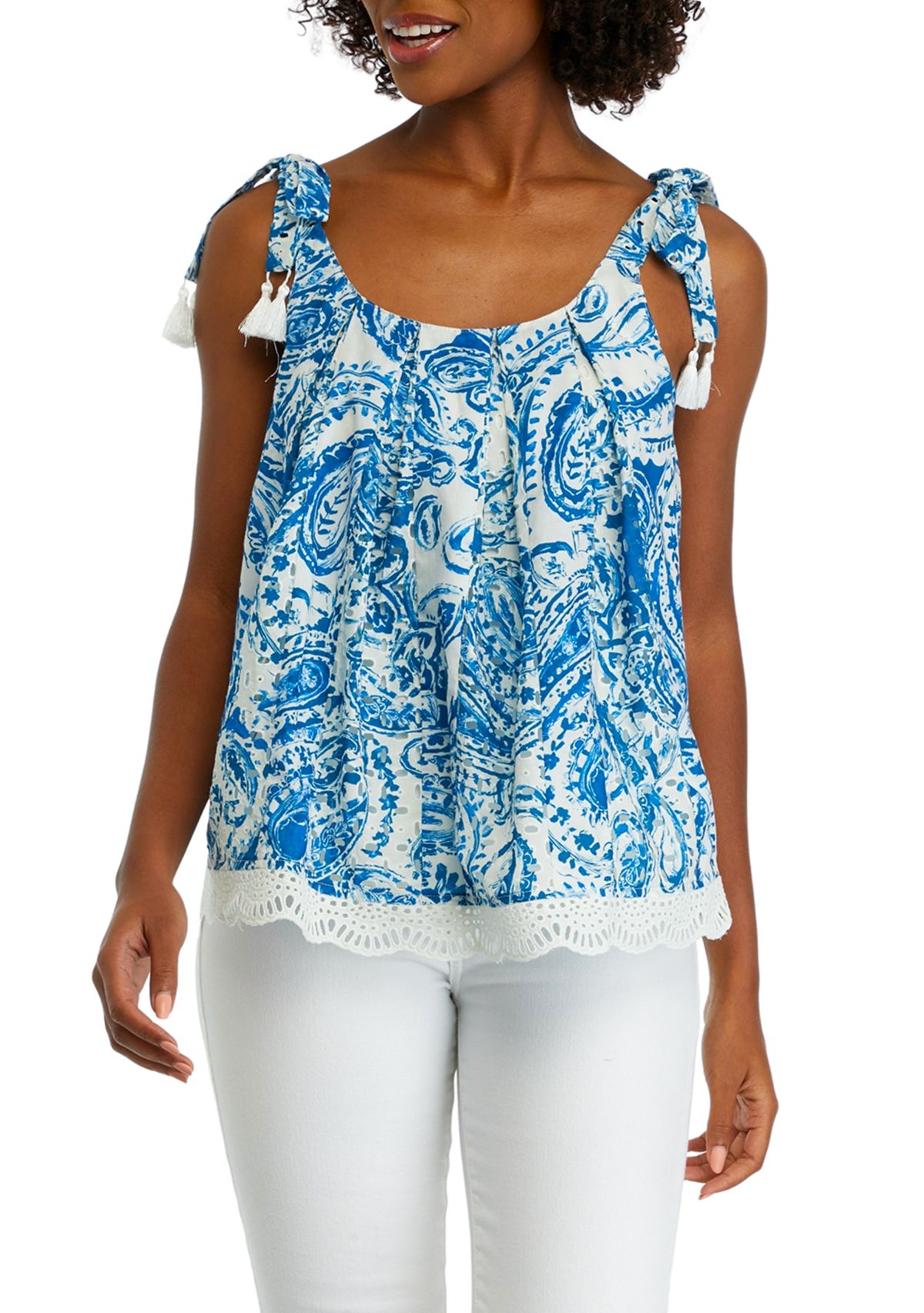 Womens Sleeveless Cotton Eyelet Tank Top