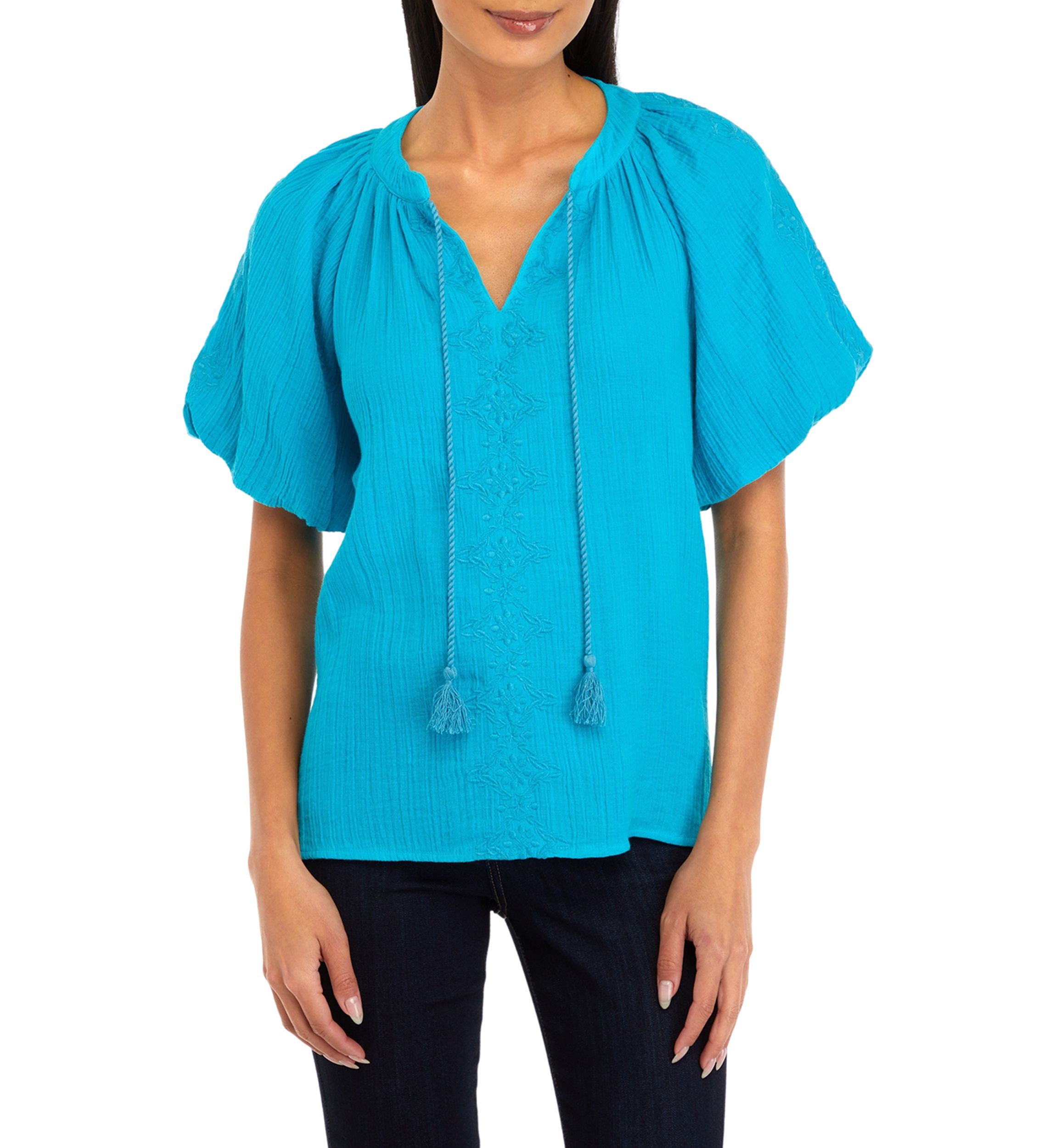 Womens Embroidered Cotton Gauze Blouse