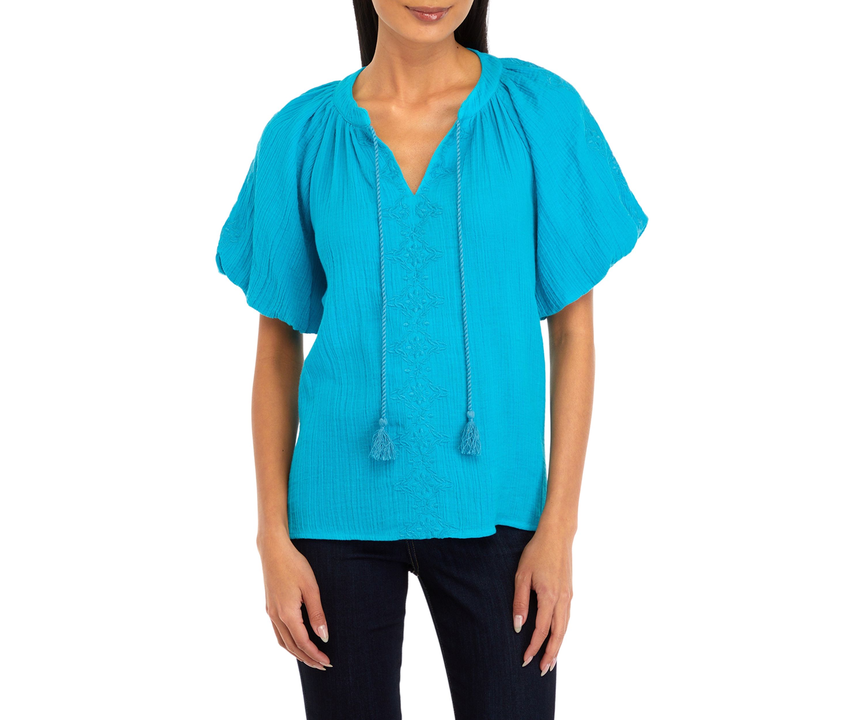 Womens Embroidered Cotton Gauze Blouse