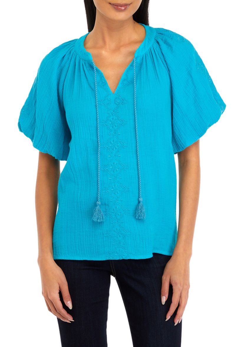 Womens Embroidered Cotton Gauze Blouse