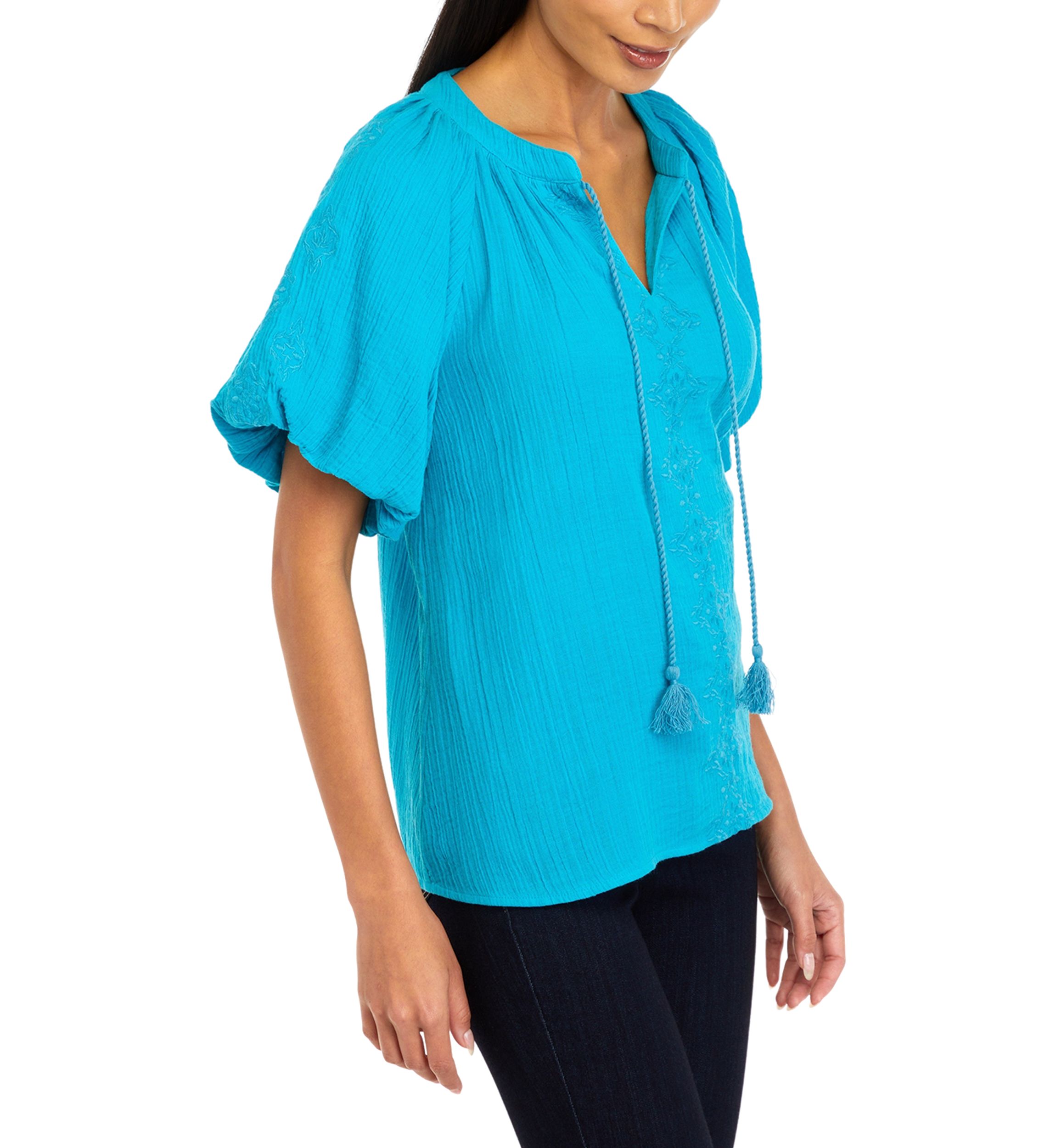 Womens Embroidered Cotton Gauze Blouse