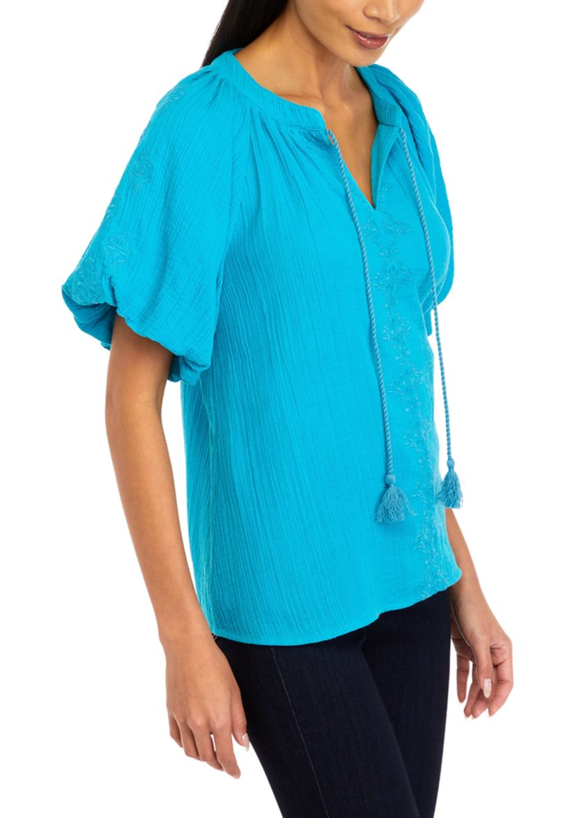 Womens Embroidered Cotton Gauze Blouse