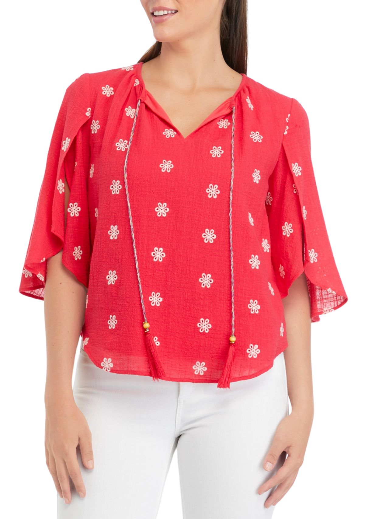 Womens Petal Sleeve Tie Neck Top