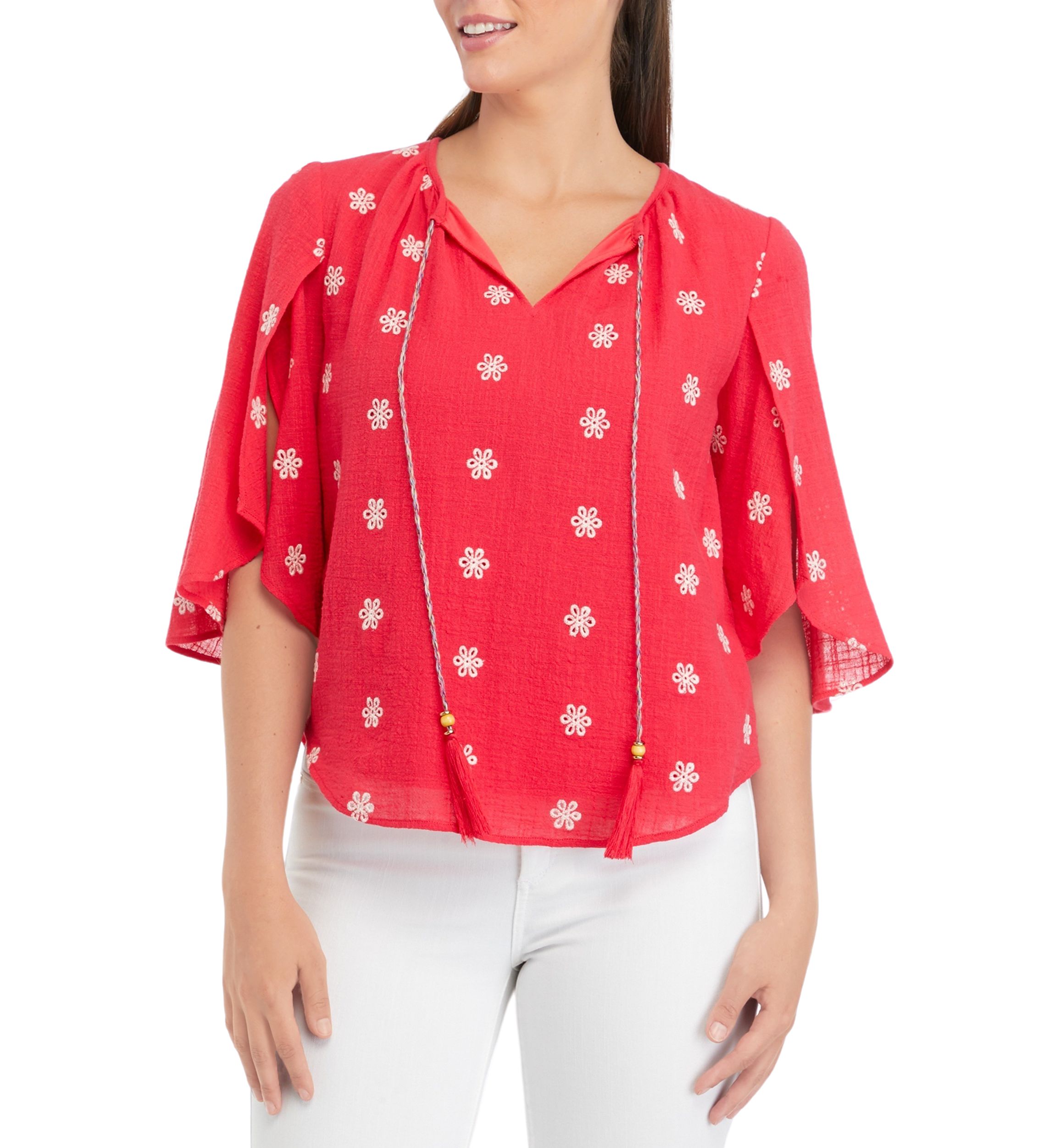 Womens Petal Sleeve Tie Neck Top