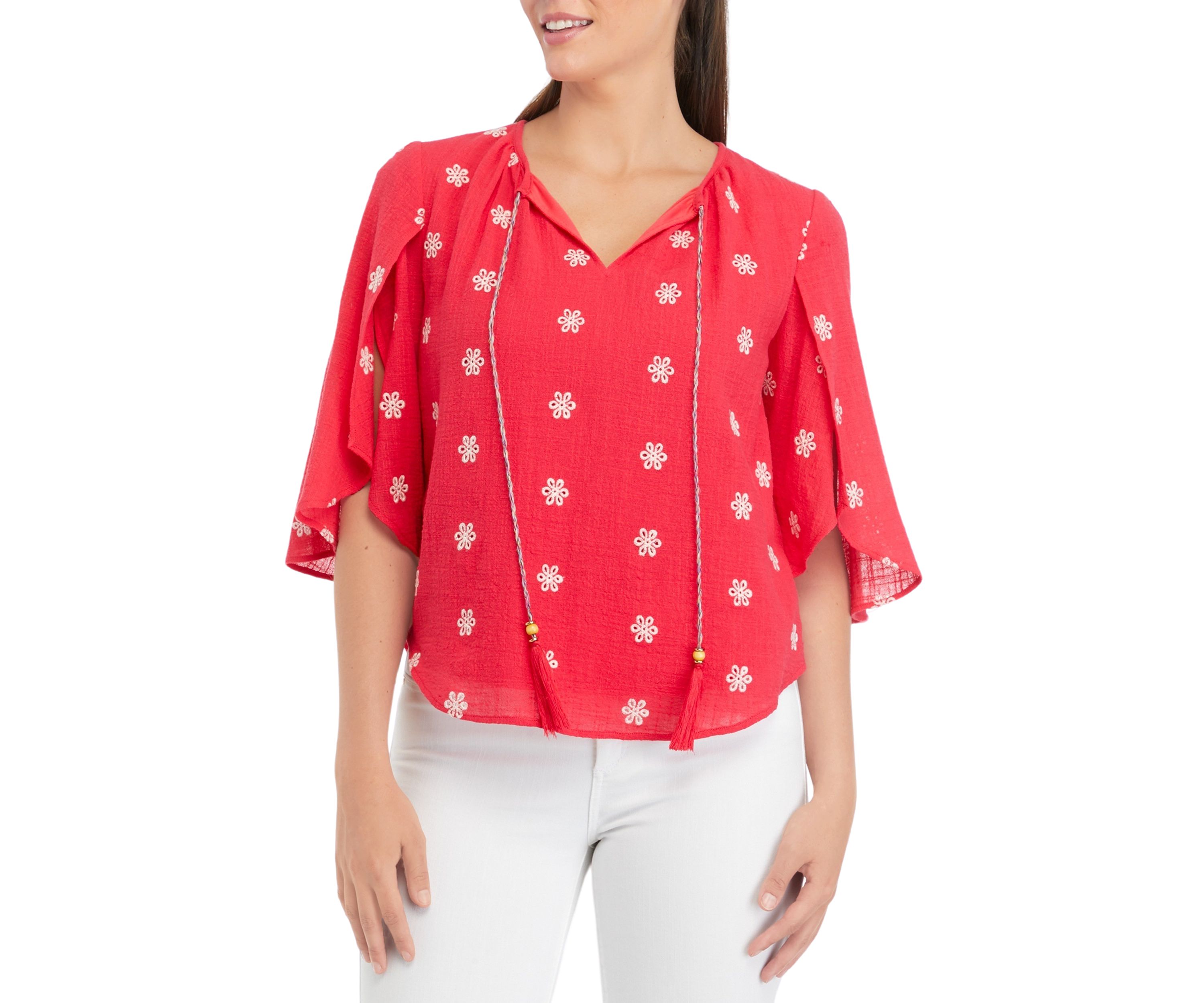 Womens Petal Sleeve Tie Neck Top