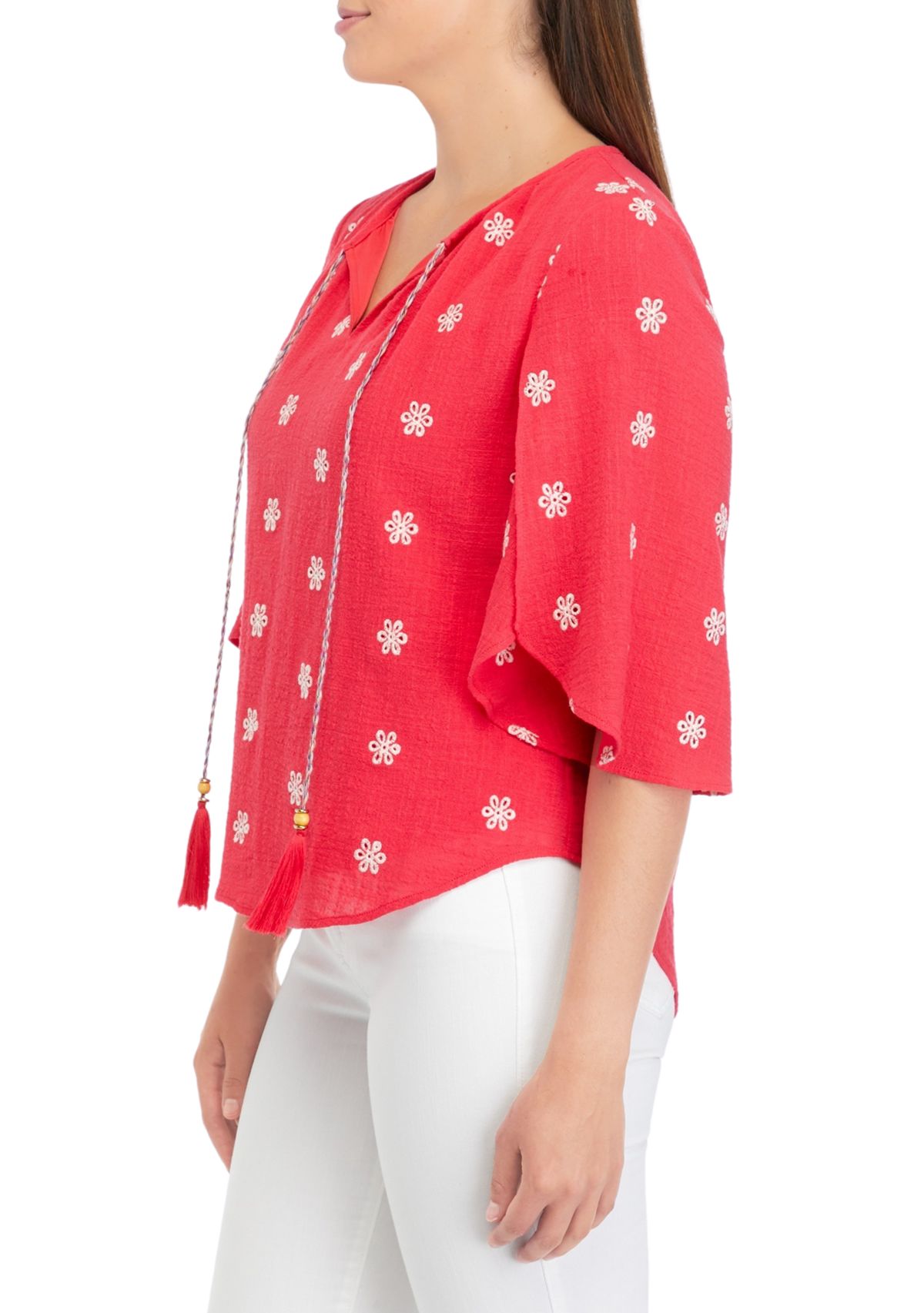 Womens Petal Sleeve Tie Neck Top