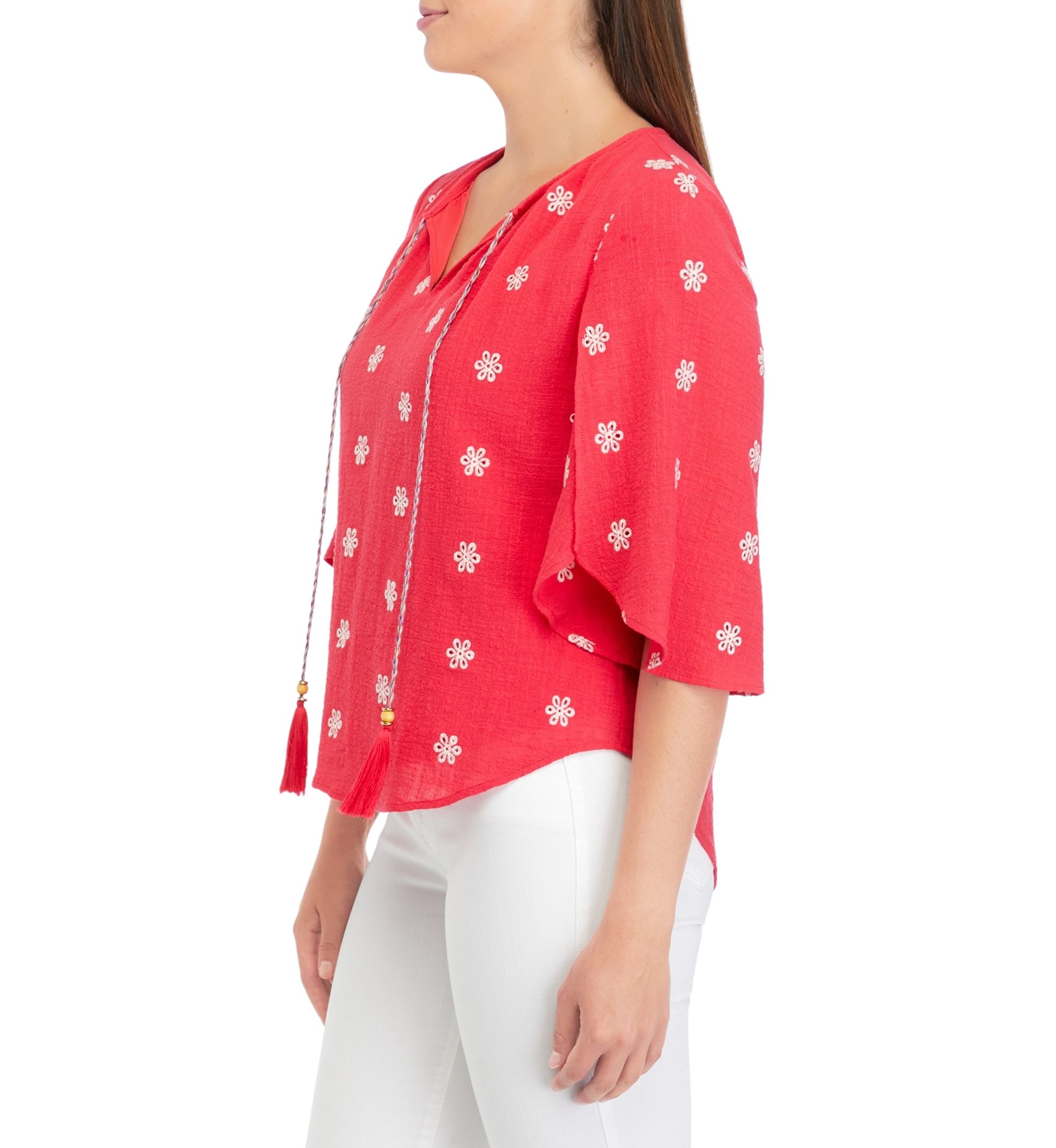 Womens Petal Sleeve Tie Neck Top