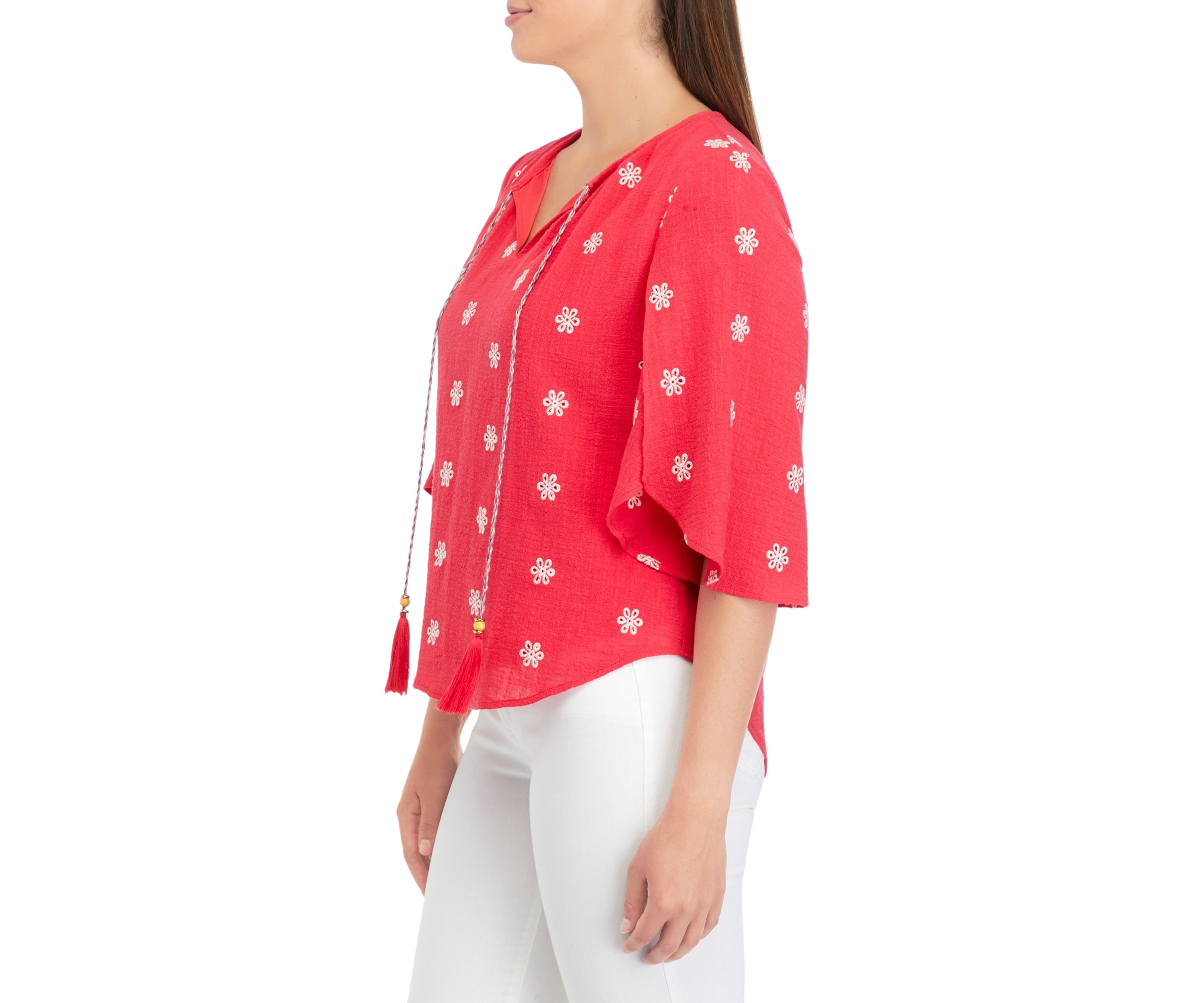 Womens Petal Sleeve Tie Neck Top
