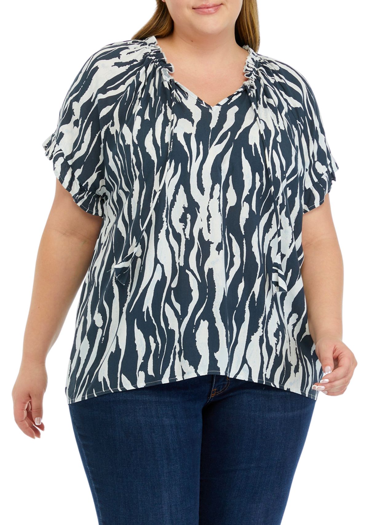 Plus Size Raglan Sleeve Animal Print Woven Top
