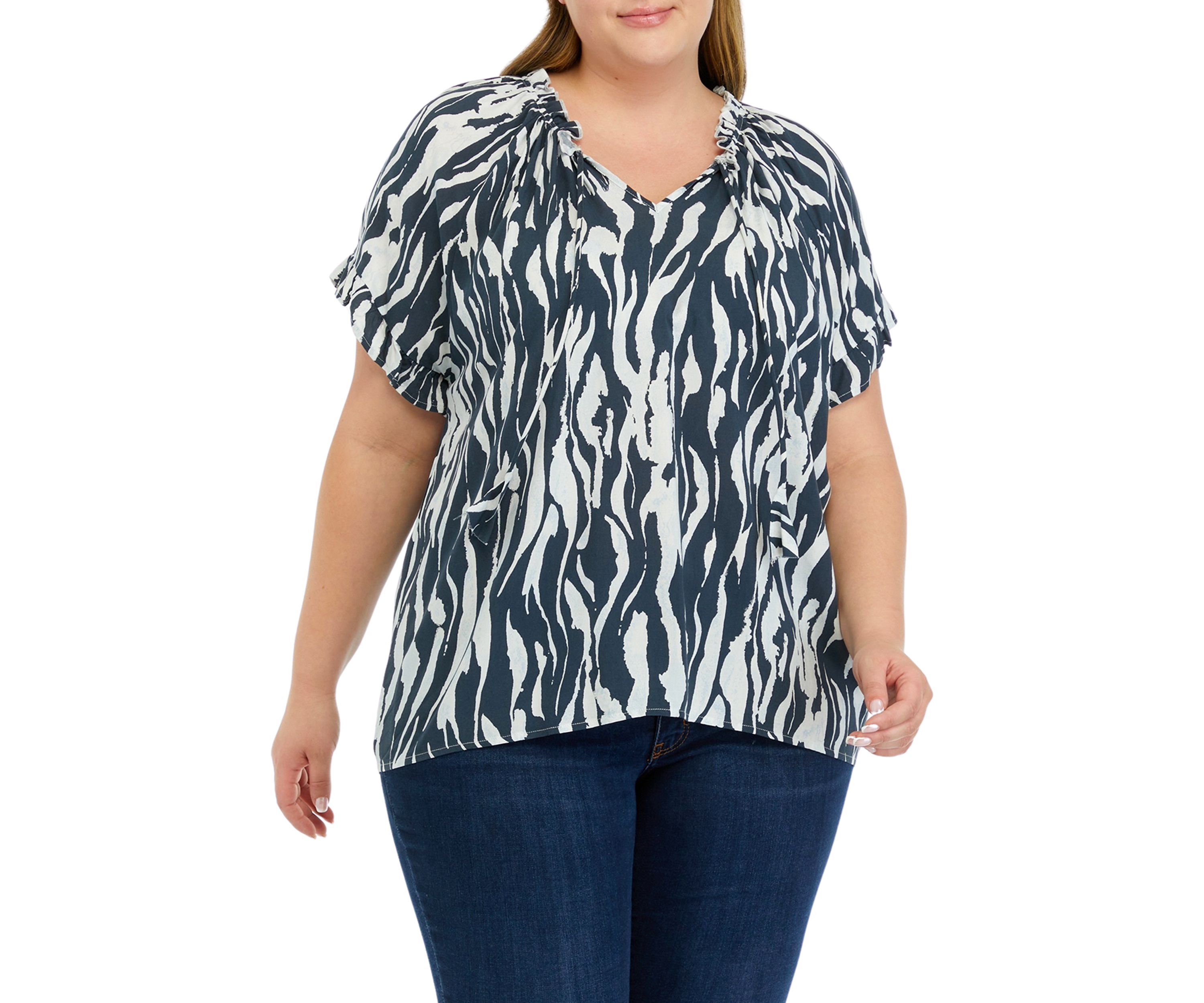 Plus Size Raglan Sleeve Animal Print Woven Top