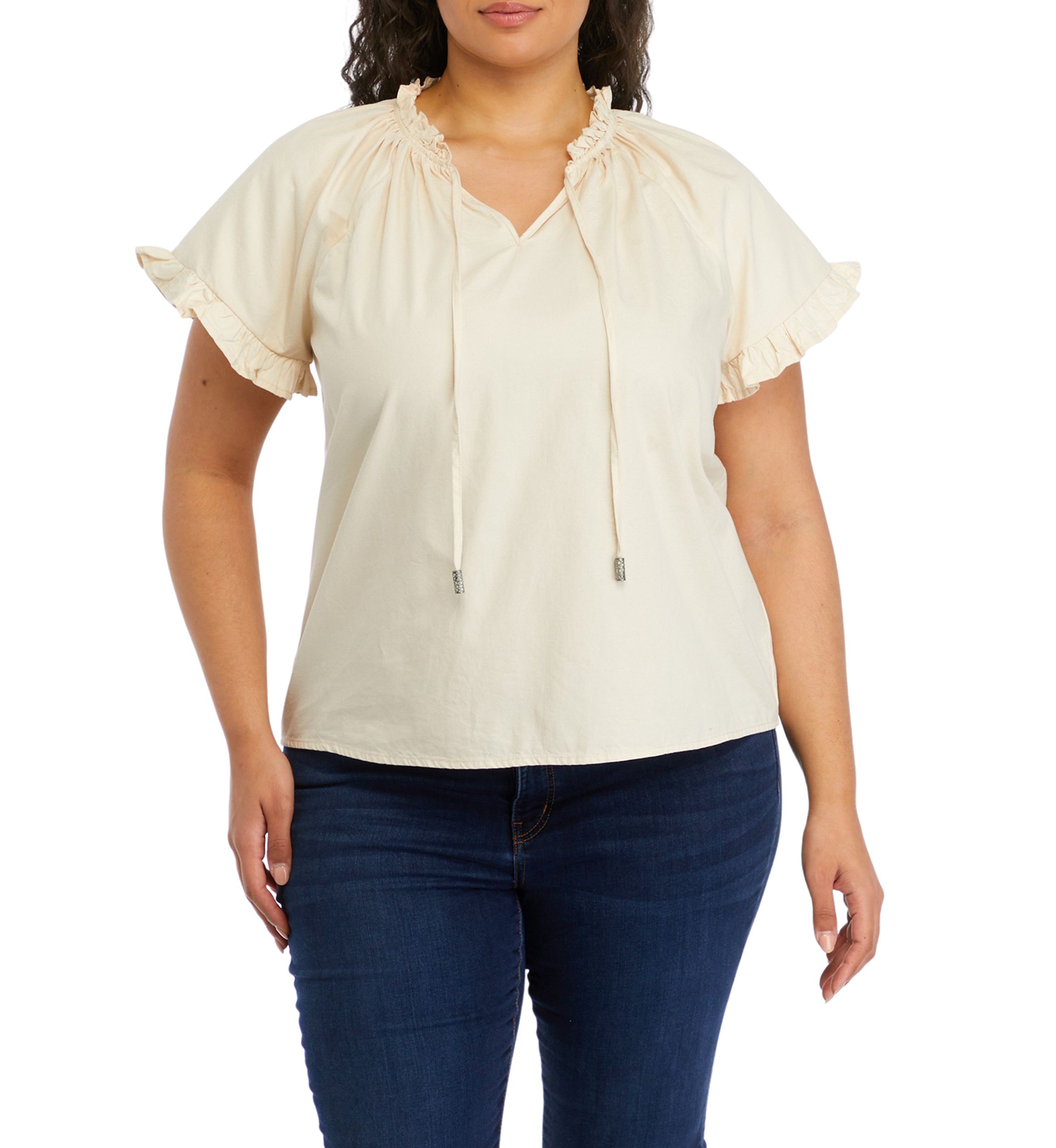 Plus Size Solid Split Neck Ruffle Blouse