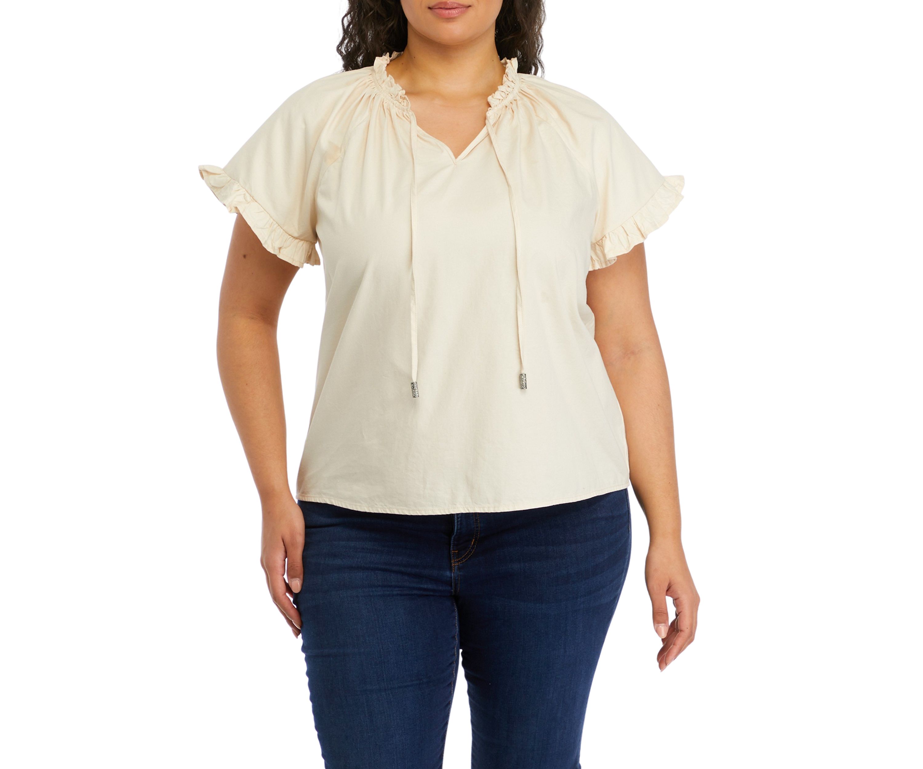 Plus Size Solid Split Neck Ruffle Blouse