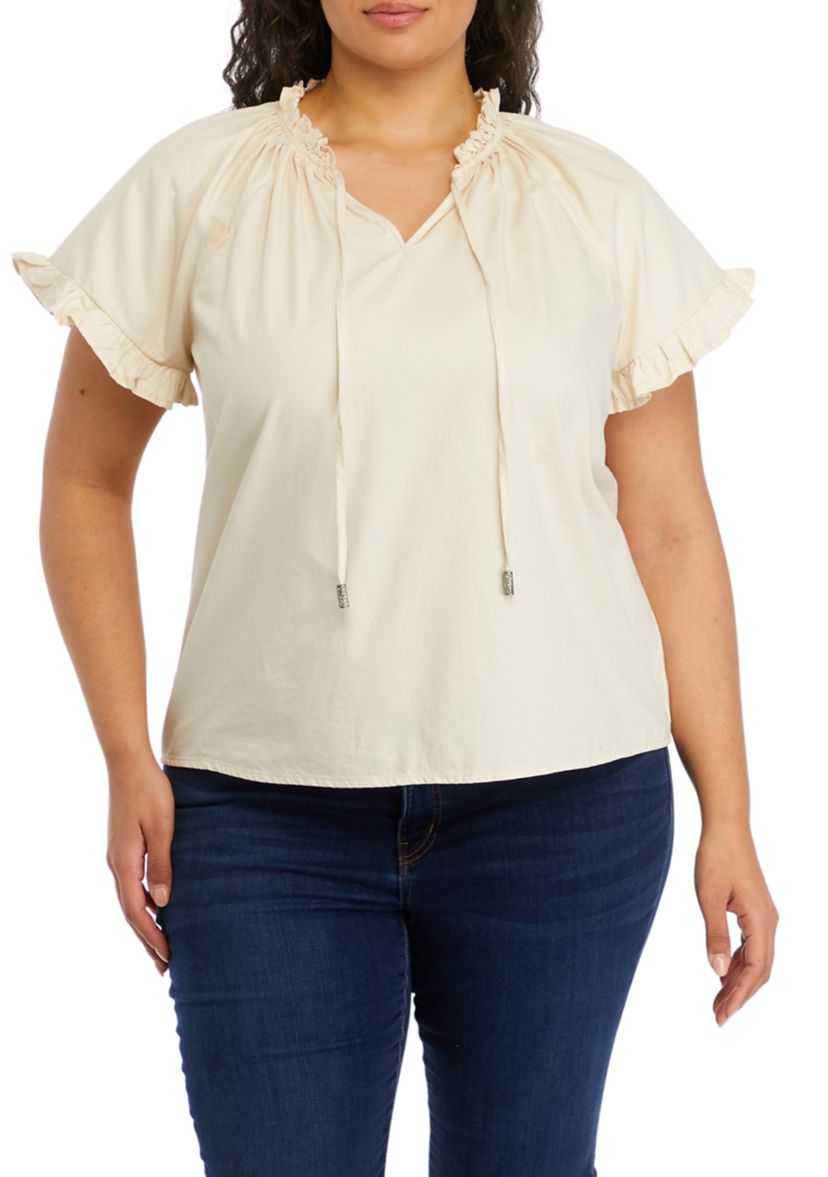 Plus Size Solid Split Neck Ruffle Blouse