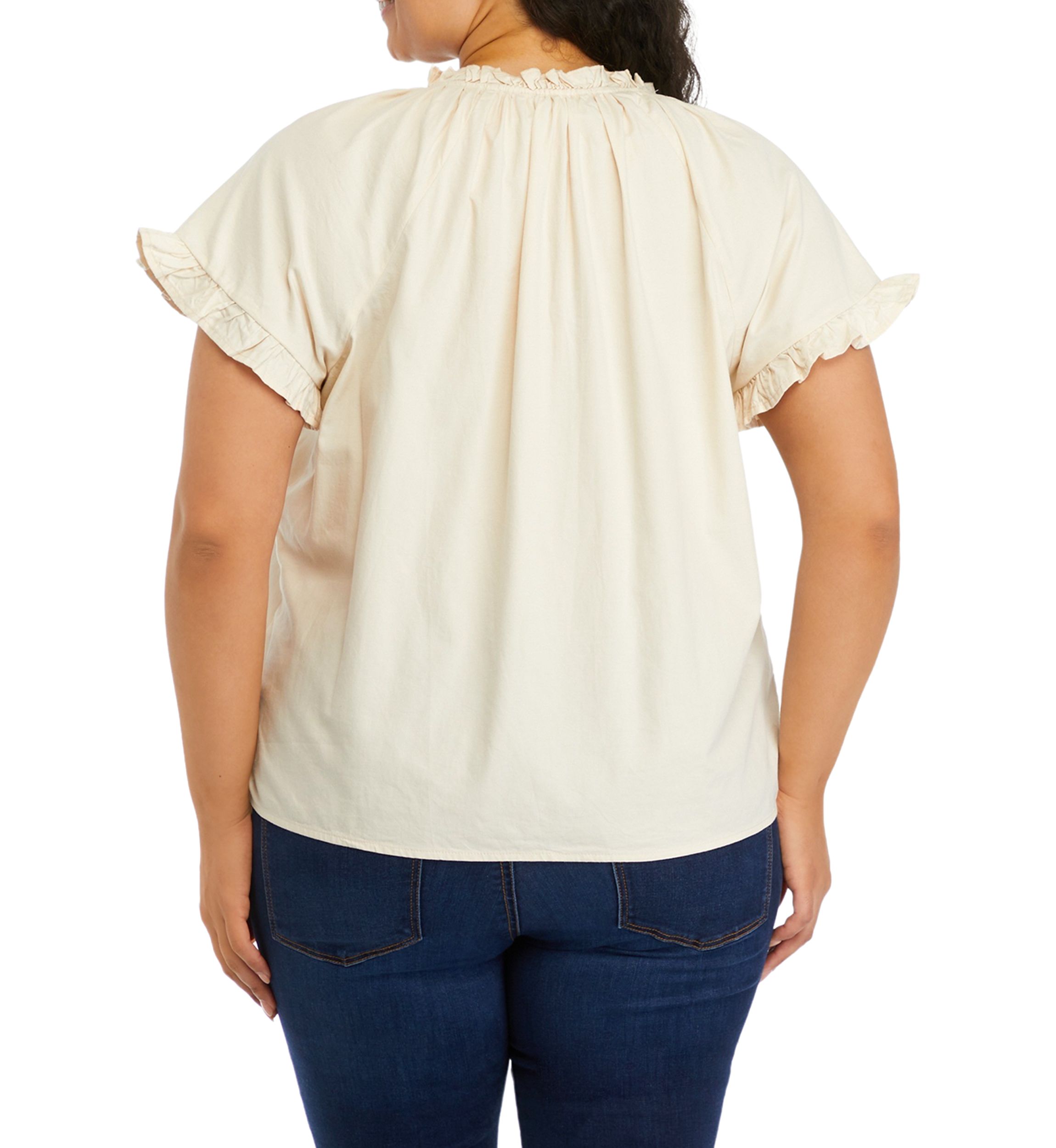 Plus Size Solid Split Neck Ruffle Blouse