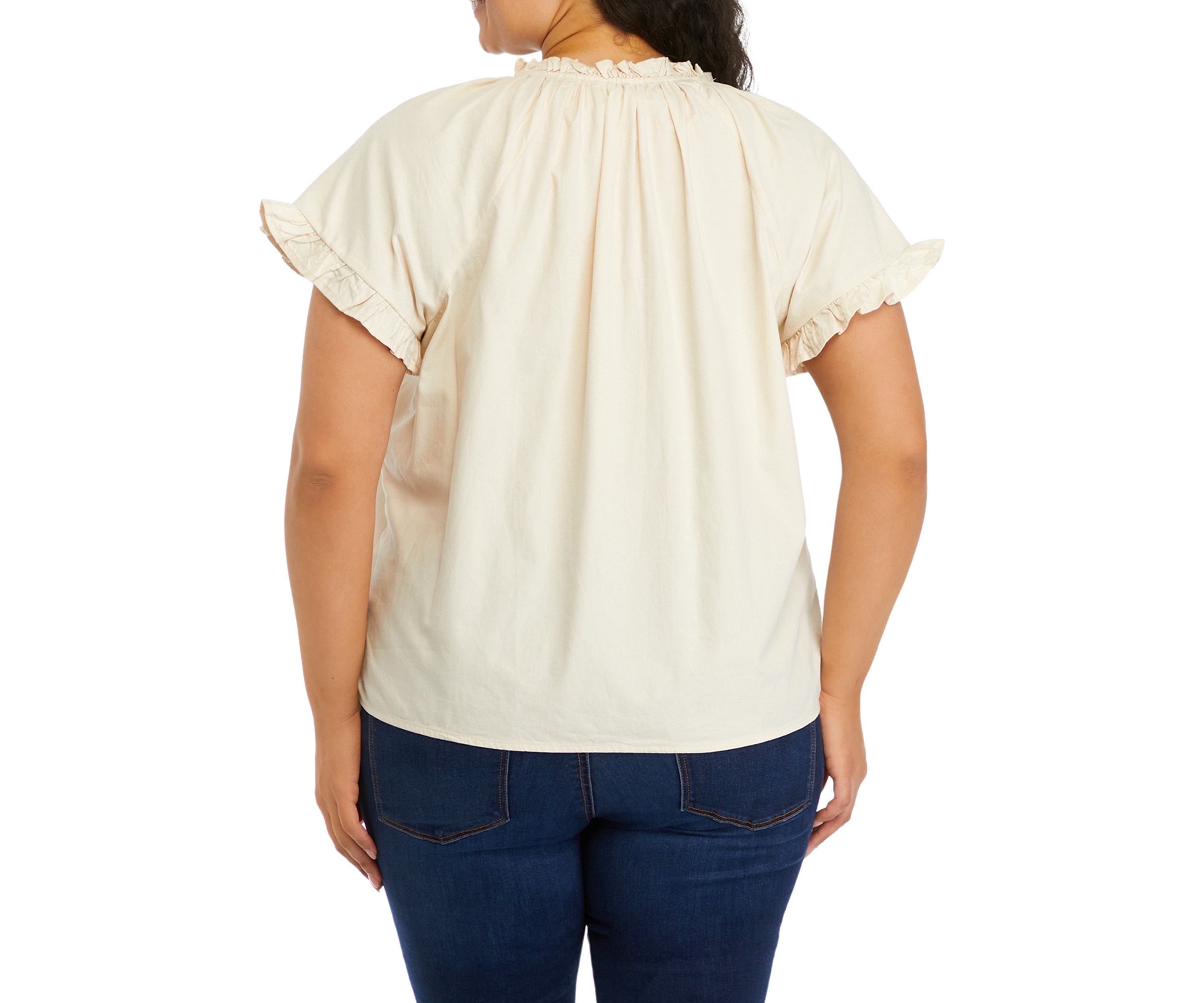 Plus Size Solid Split Neck Ruffle Blouse