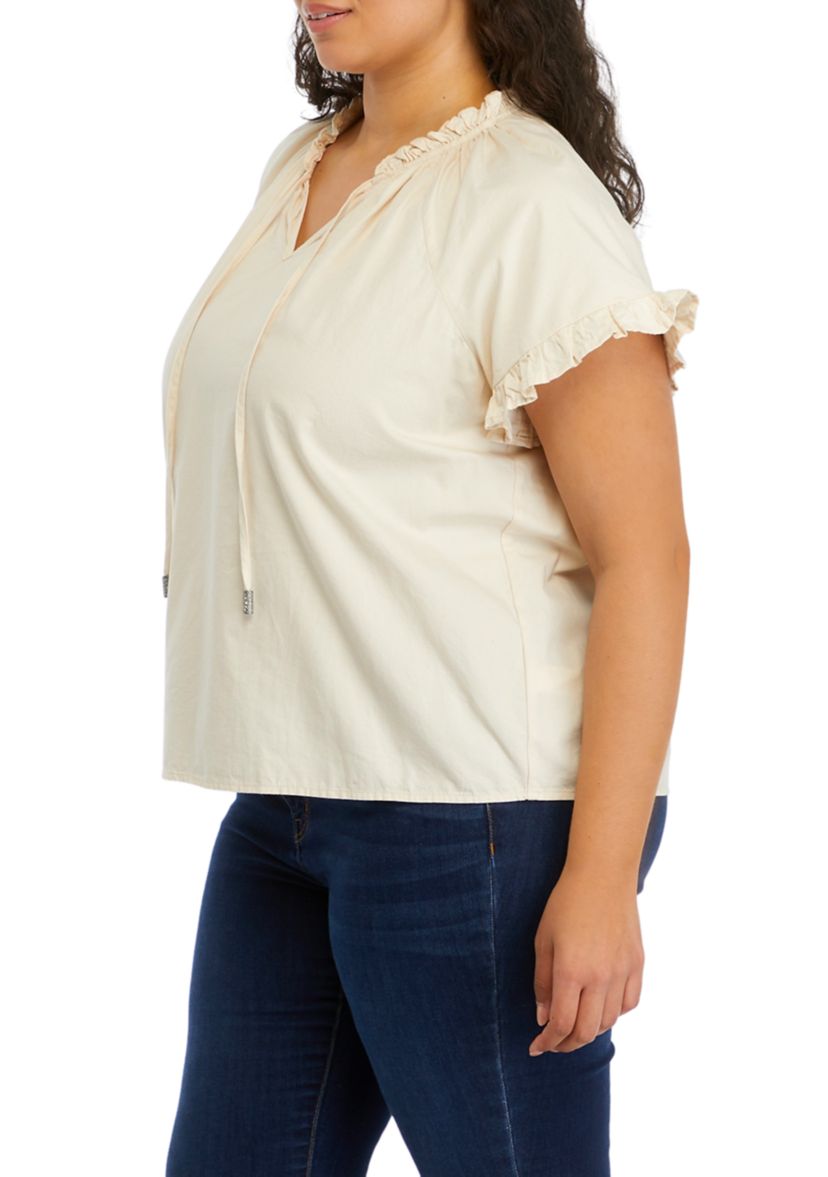 Plus Size Solid Split Neck Ruffle Blouse