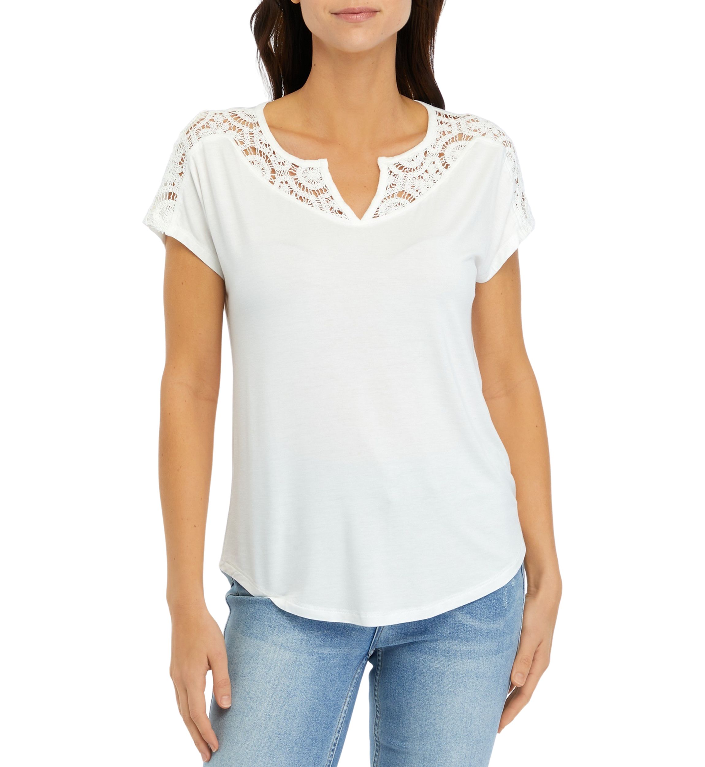 Womens Short Sleeve Crochet Mix T-Shirt