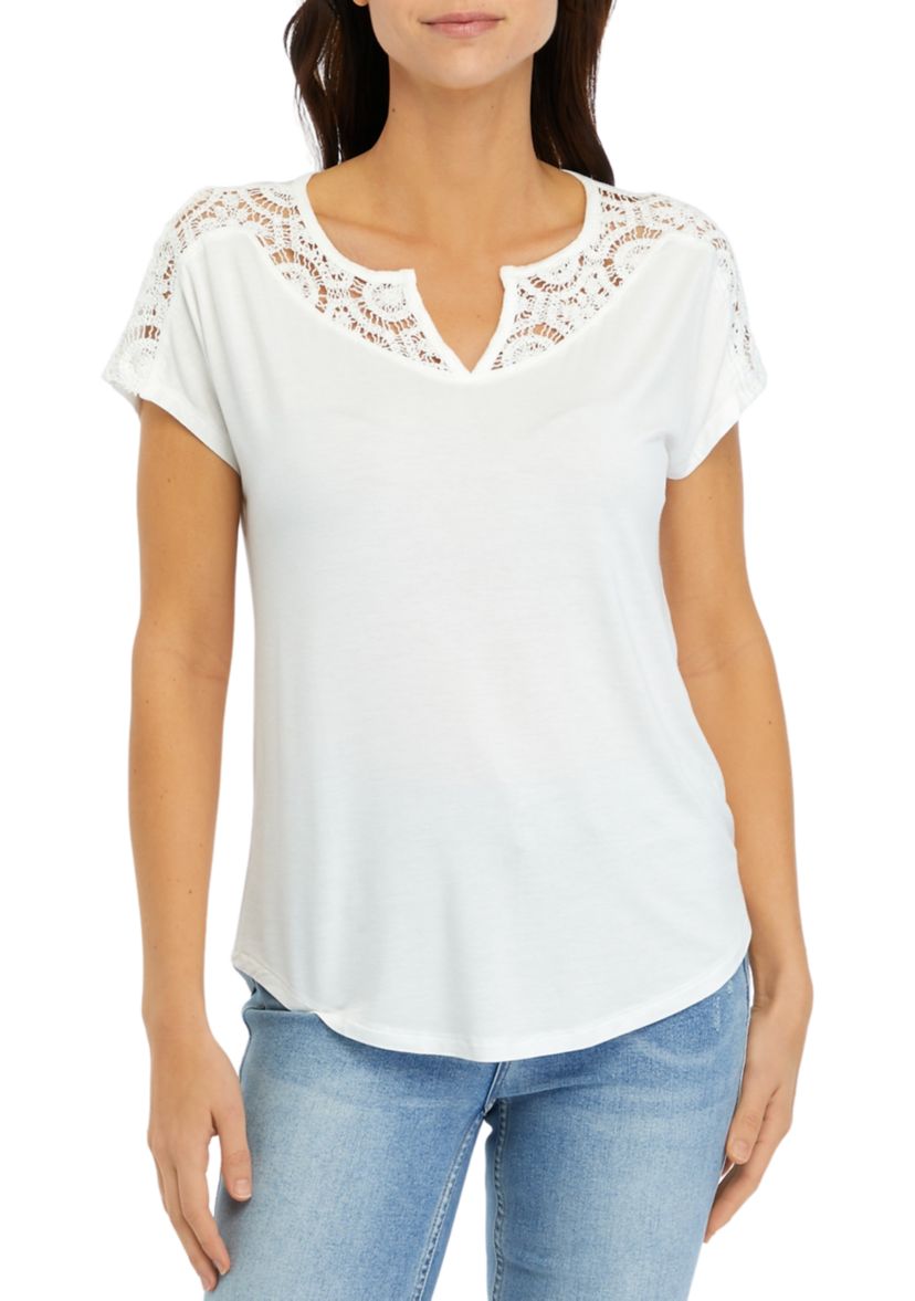 Womens Short Sleeve Crochet Mix T-Shirt