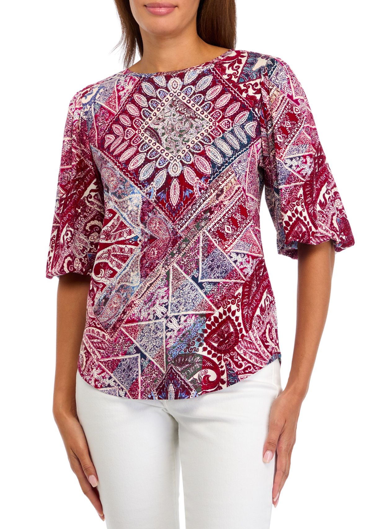 Womens Elbow Blouson Sleeve Printed Blouse