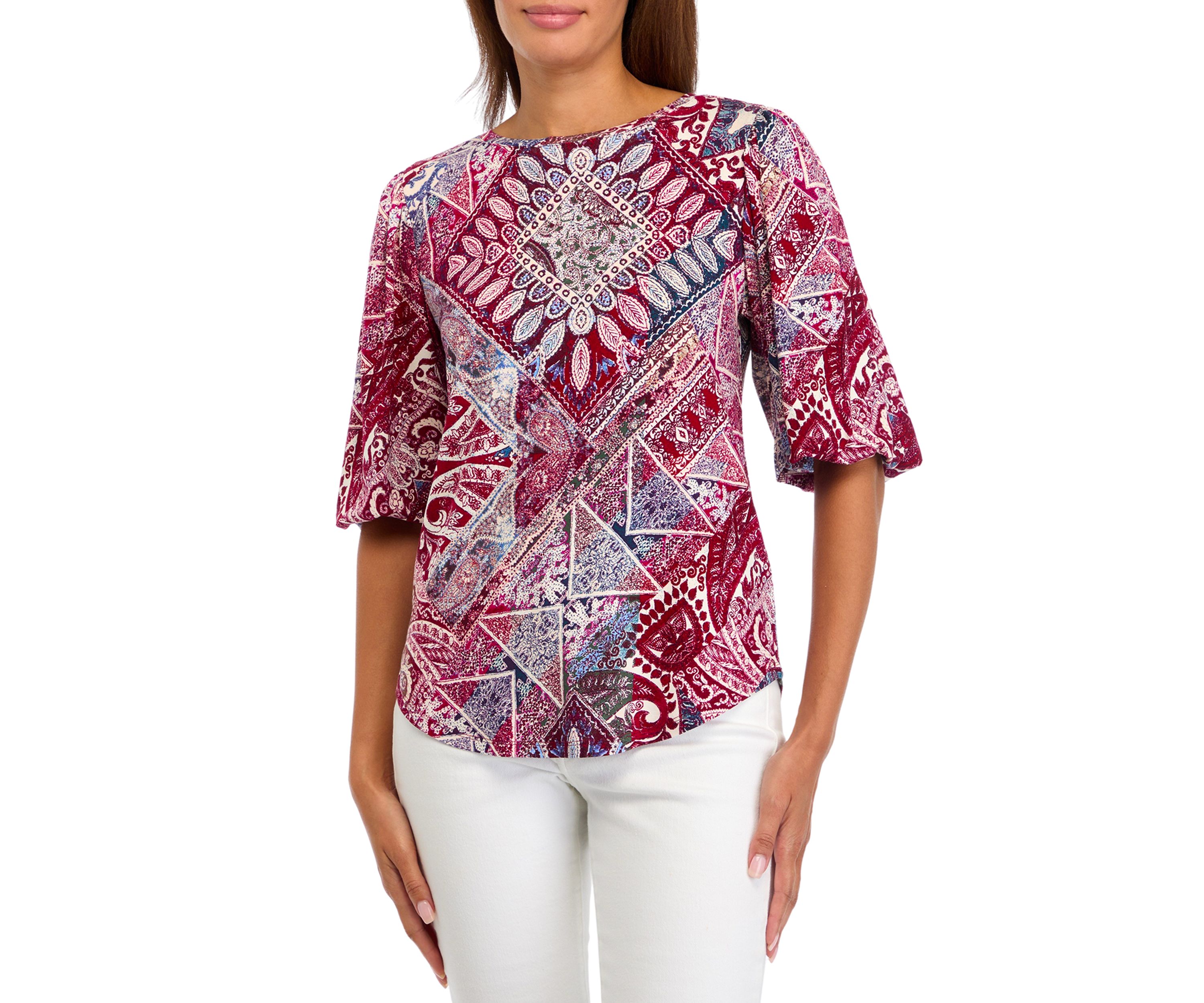 Womens Elbow Blouson Sleeve Printed Blouse
