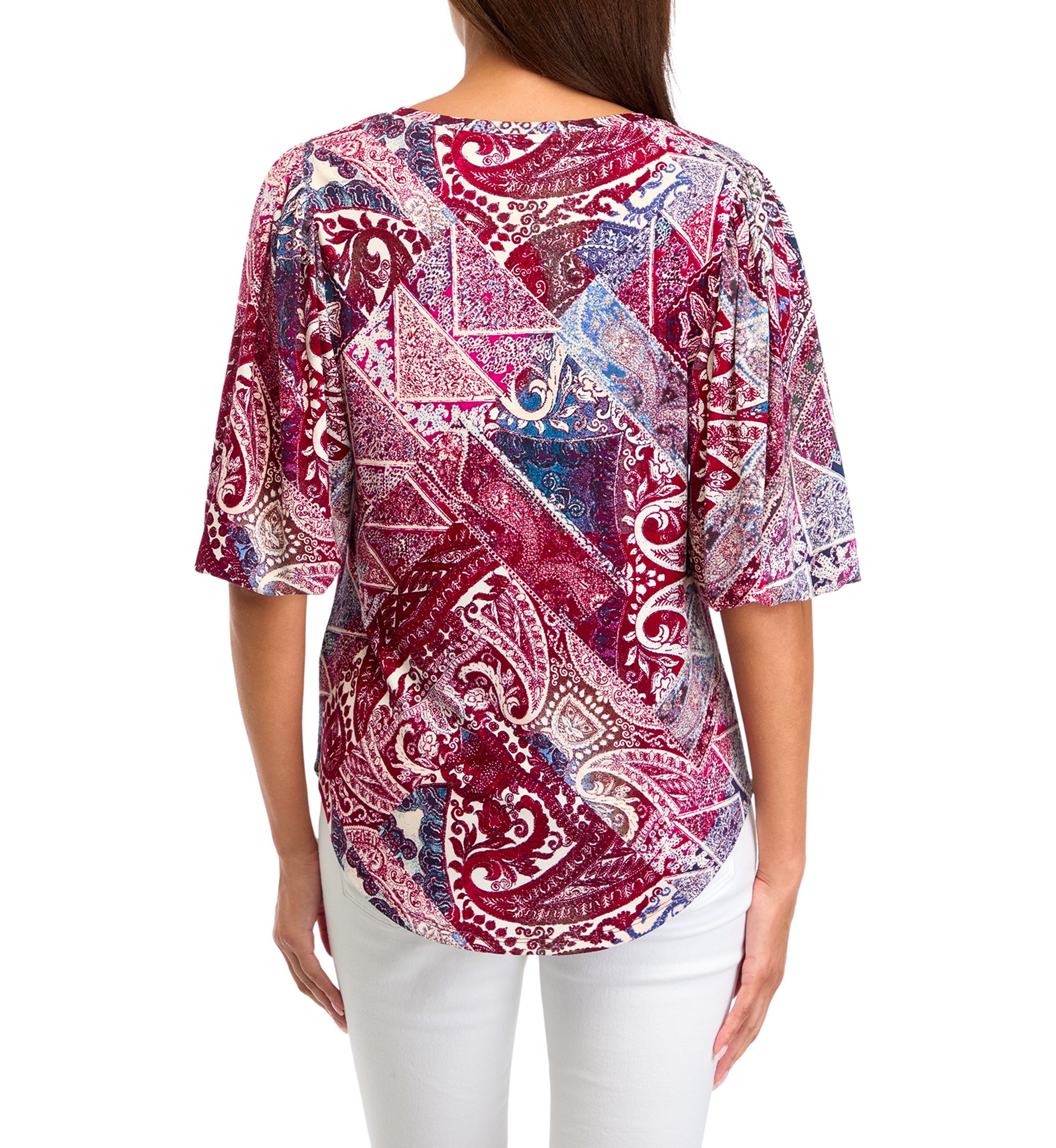 Womens Elbow Blouson Sleeve Printed Blouse