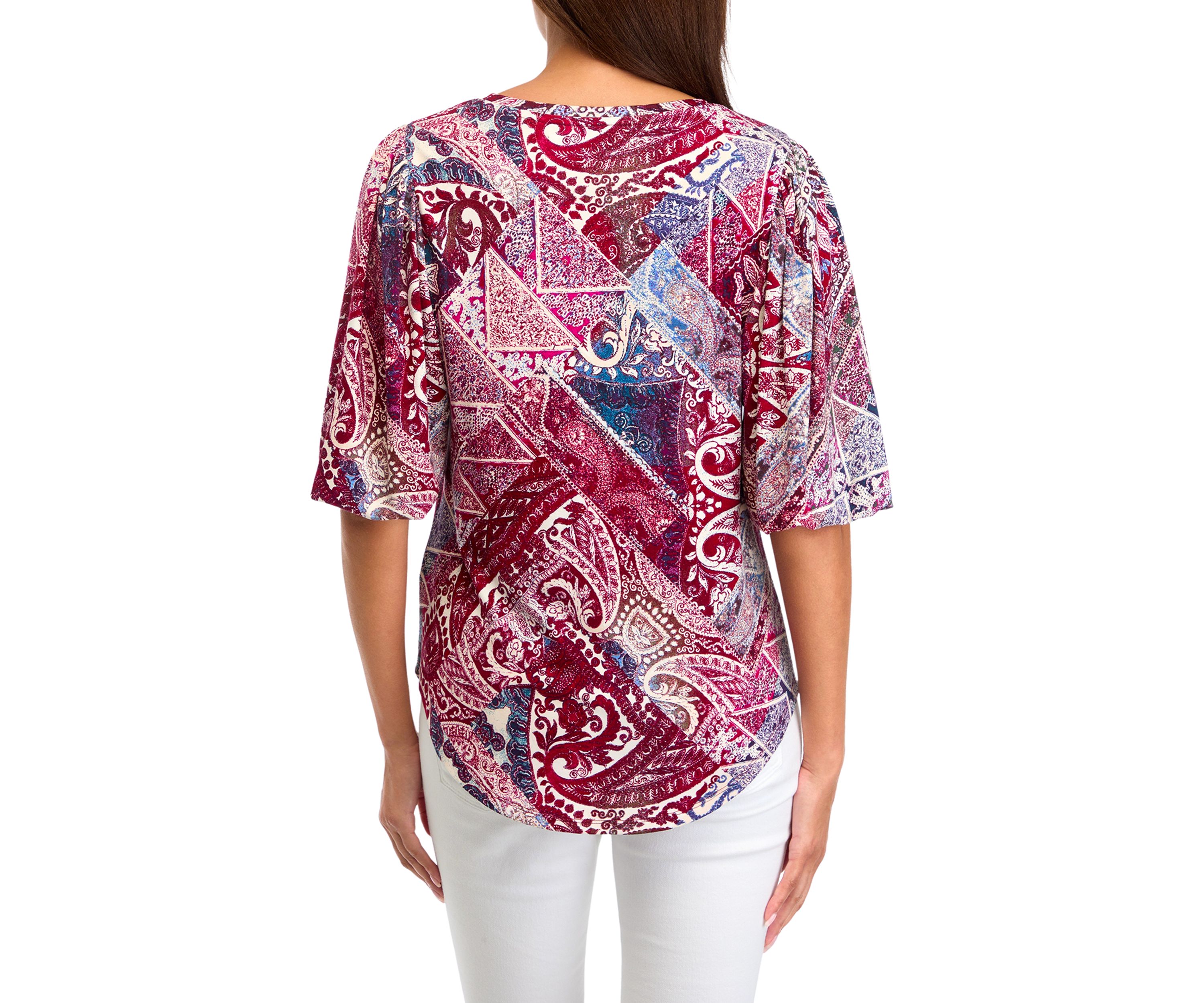 Womens Elbow Blouson Sleeve Printed Blouse