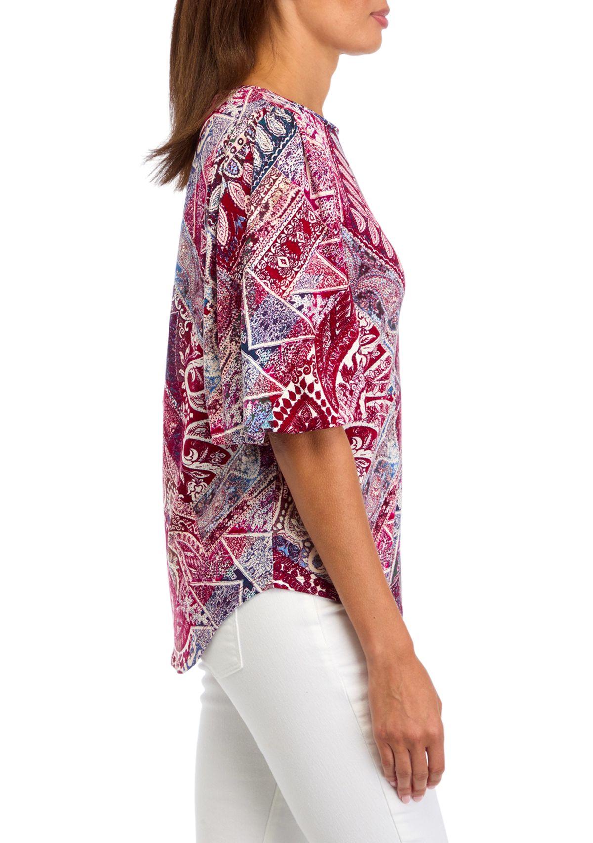 Womens Elbow Blouson Sleeve Printed Blouse