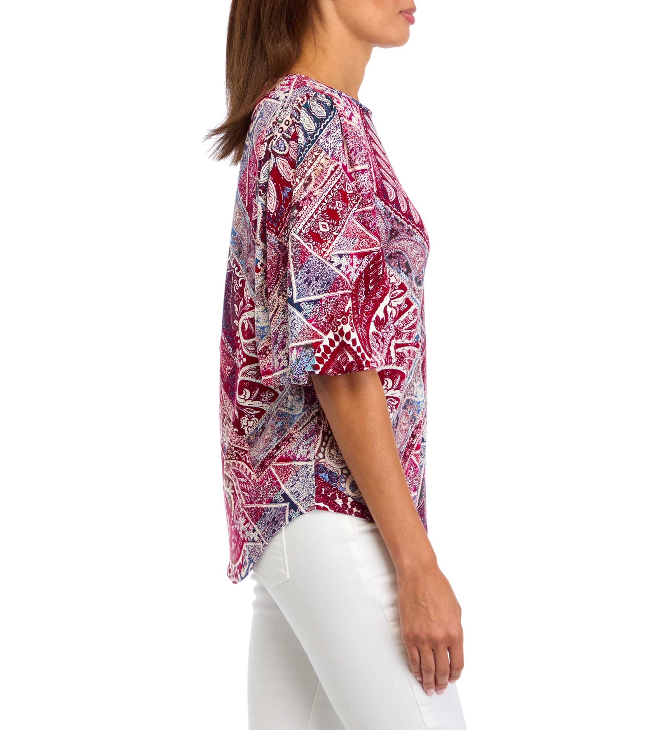 Womens Elbow Blouson Sleeve Printed Blouse