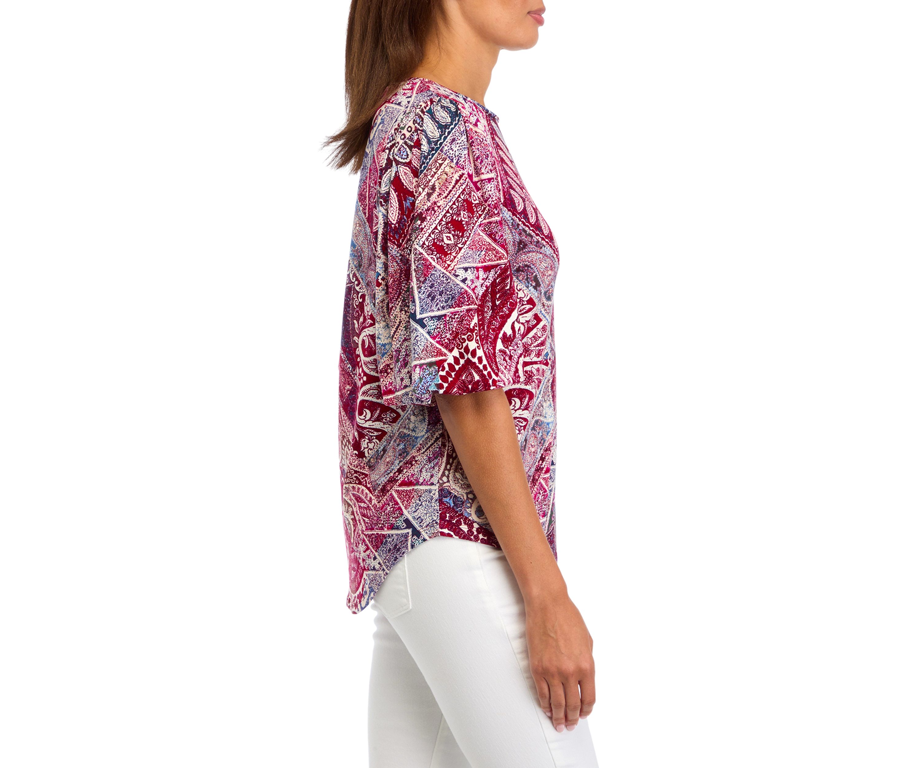 Womens Elbow Blouson Sleeve Printed Blouse