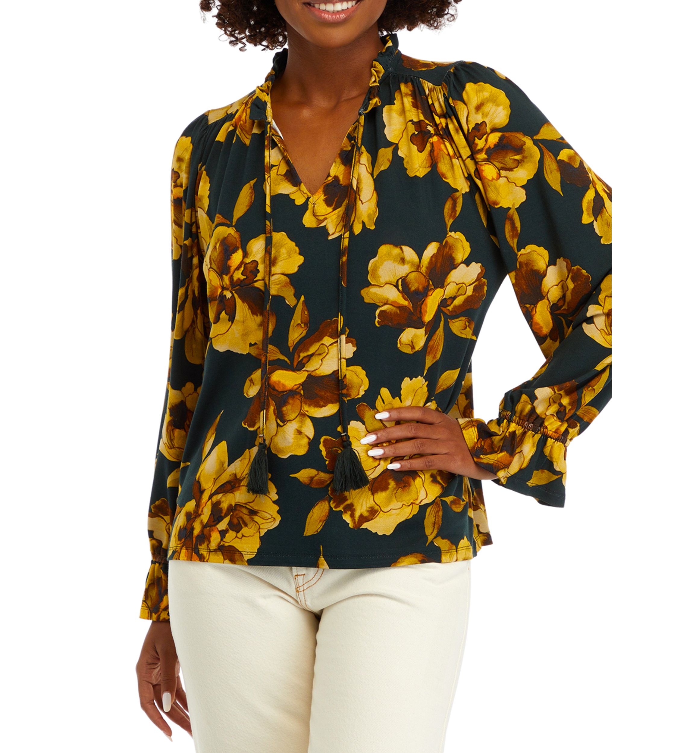 Womens Long Sleeve Tiered Mix Print Top 