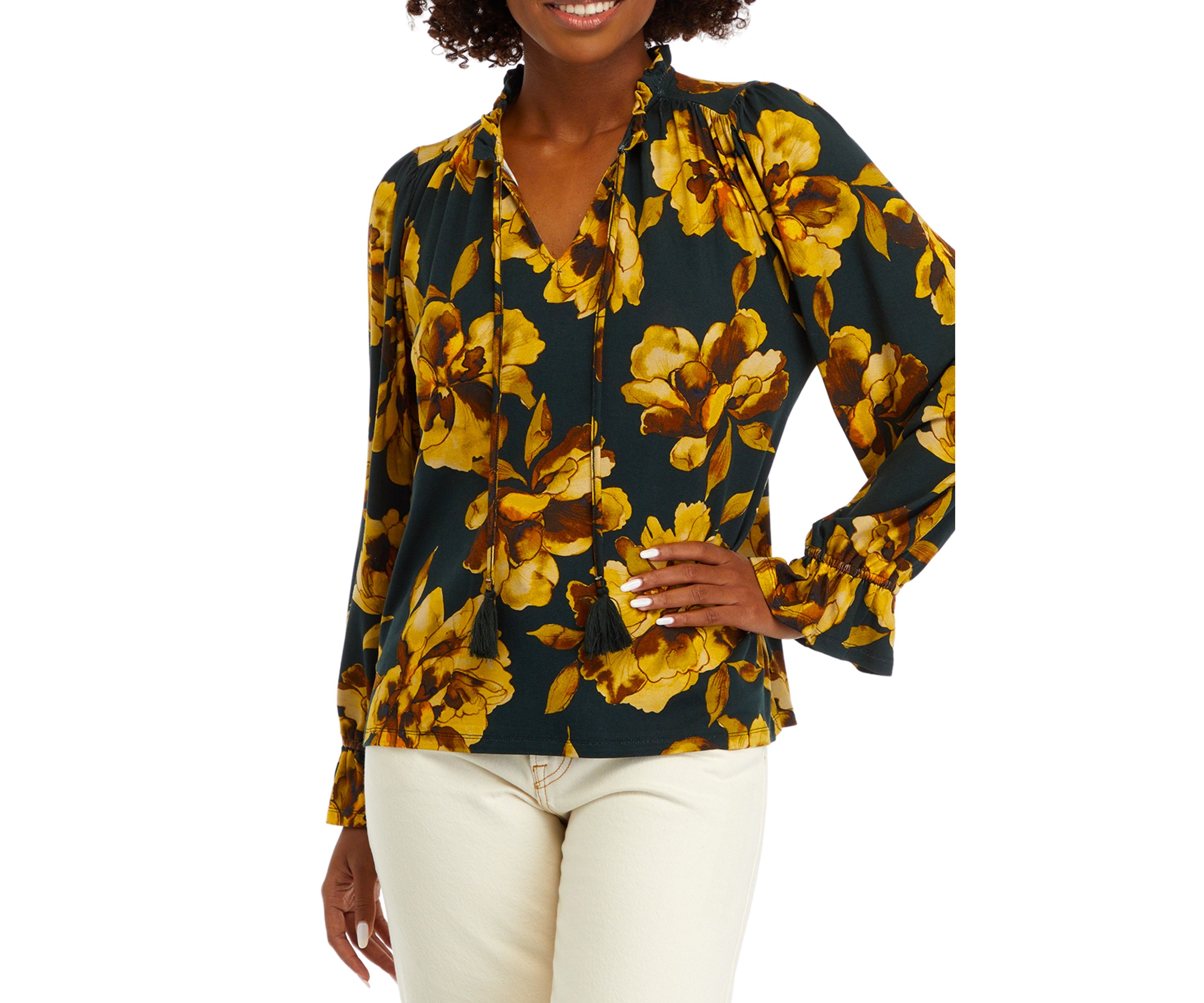 Womens Long Sleeve Tiered Mix Print Top 