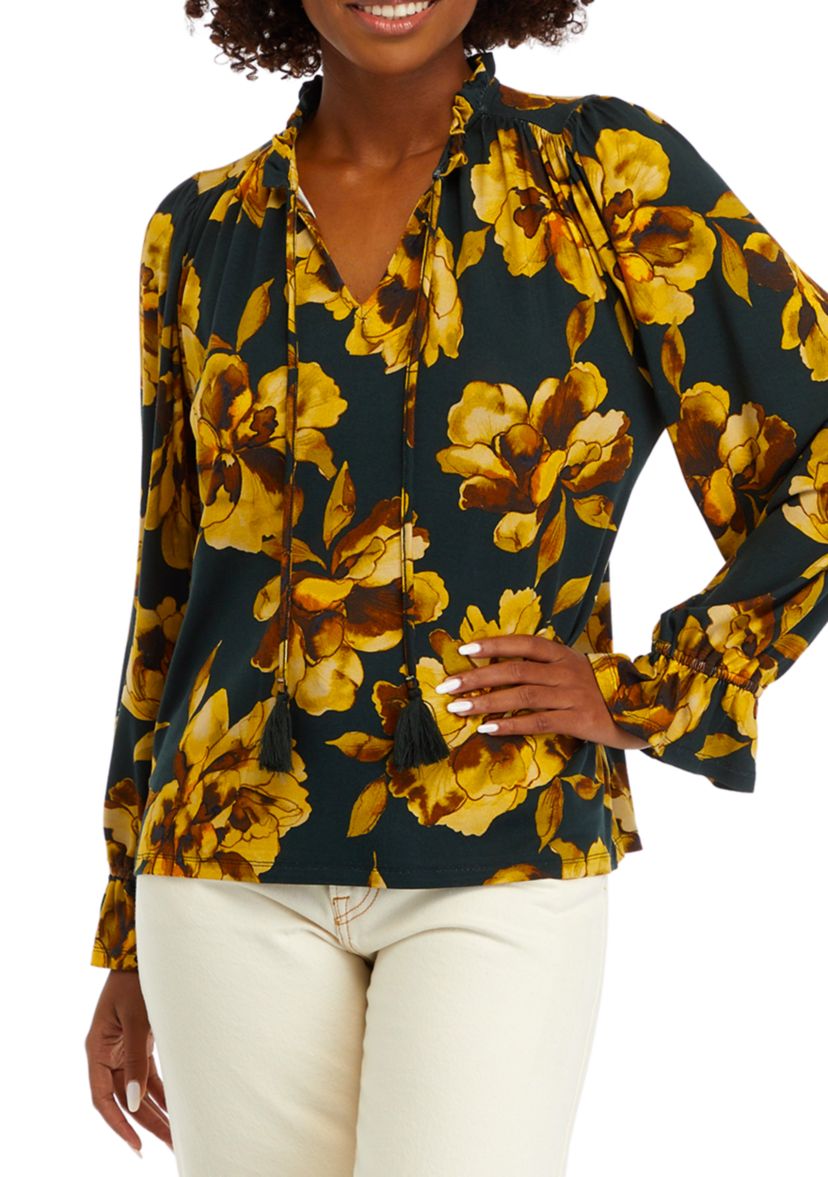 Womens Long Sleeve Tiered Mix Print Top 
