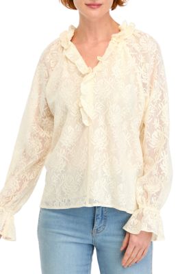 Cupio Women's Long Sleeve Crochet Lace Blouse, White, Small