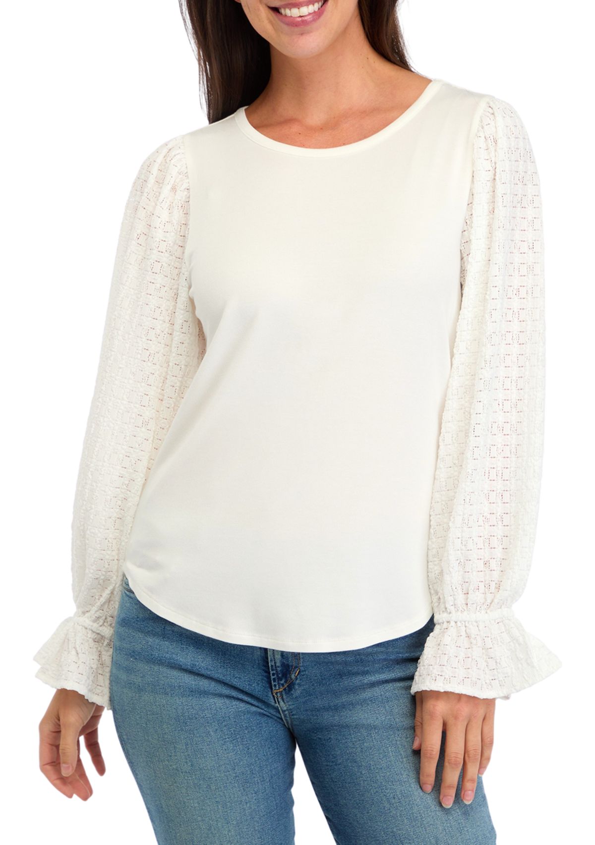 Womens Puff Sleeve Lace Trim Top 