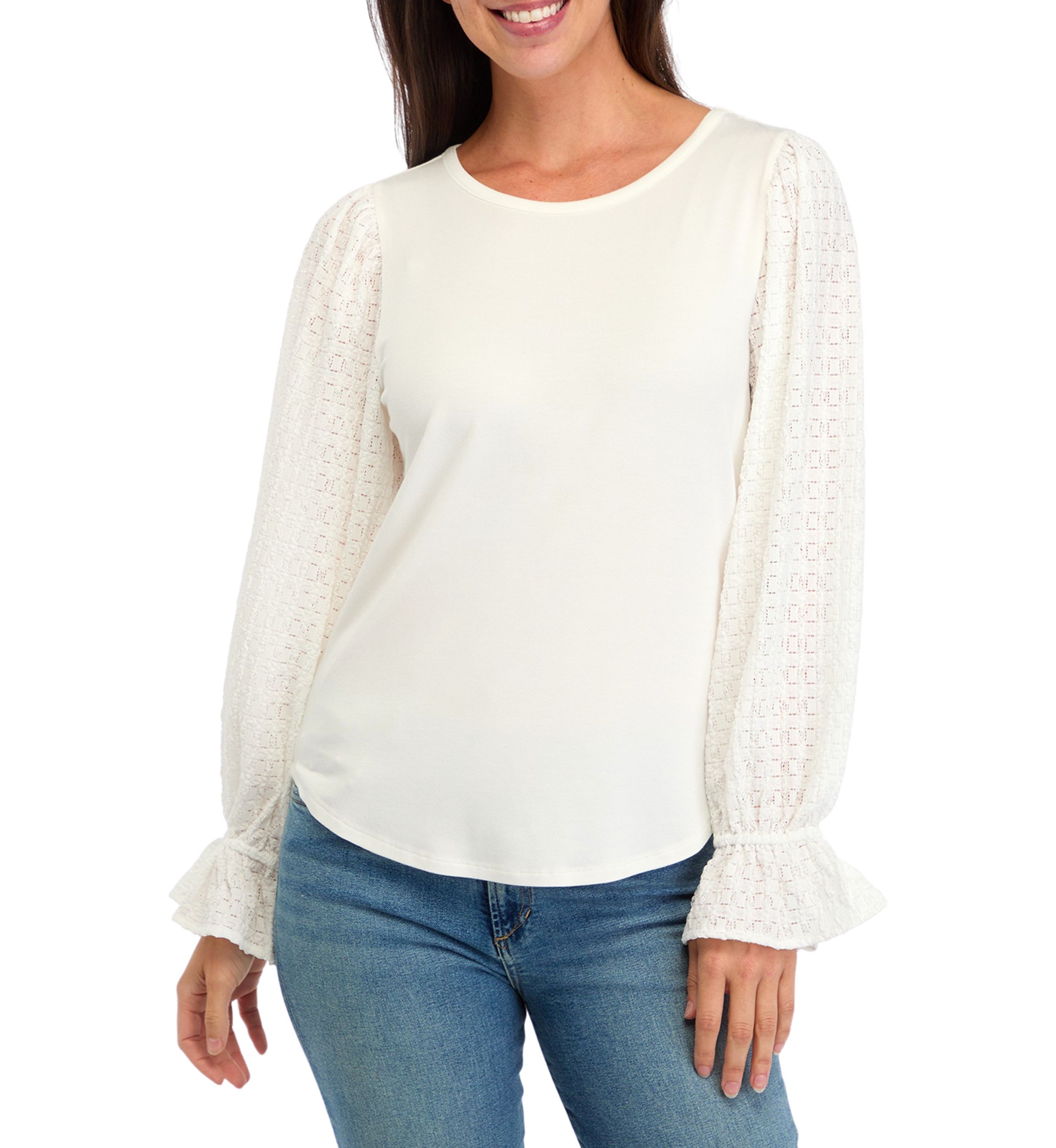 Womens Puff Sleeve Lace Trim Top 