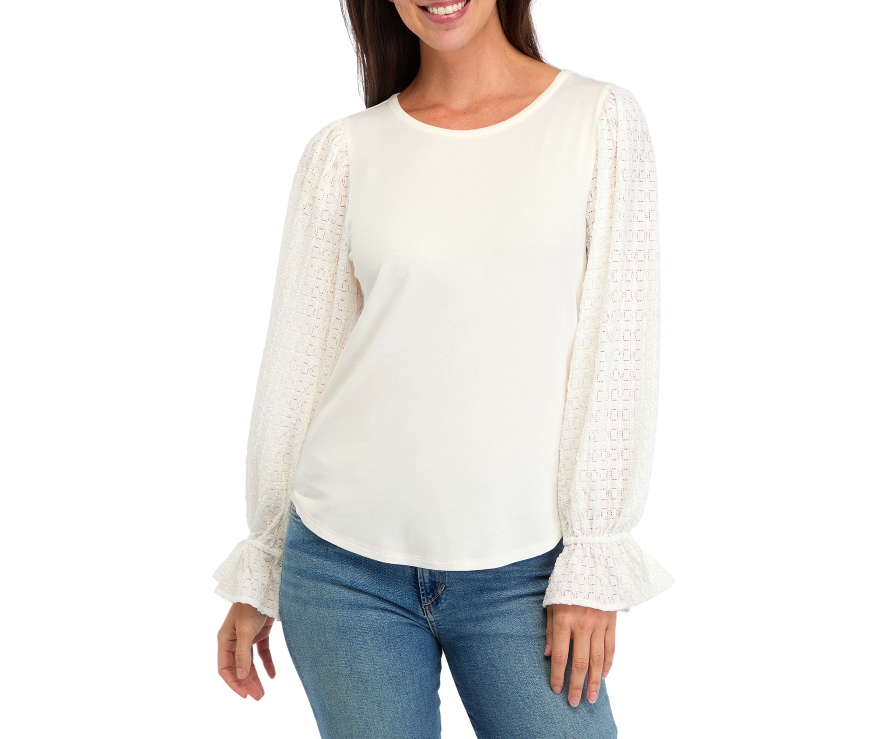 Womens Puff Sleeve Lace Trim Top 